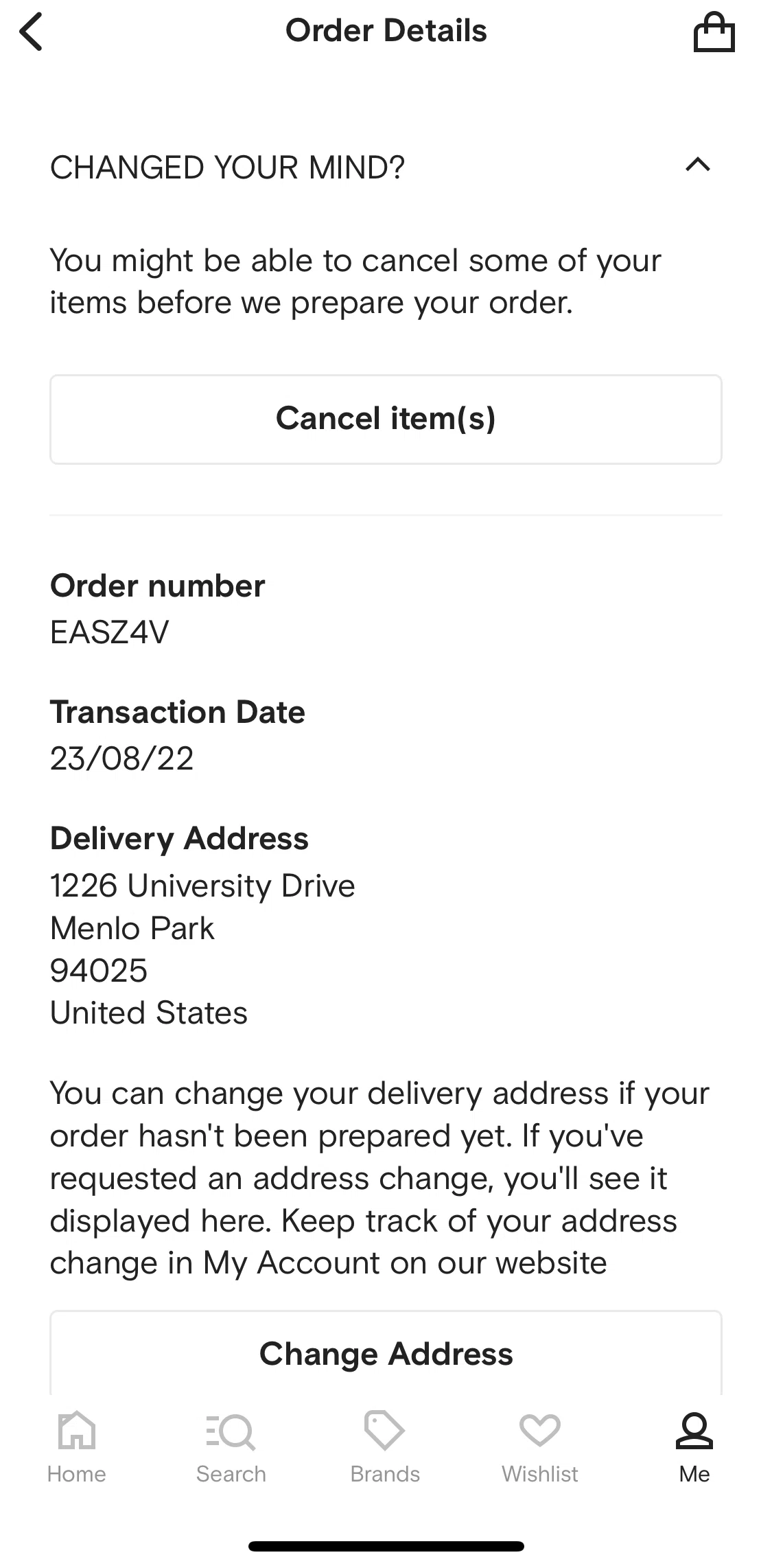 FARFETCH Screen screen in the Cancelling an order flow