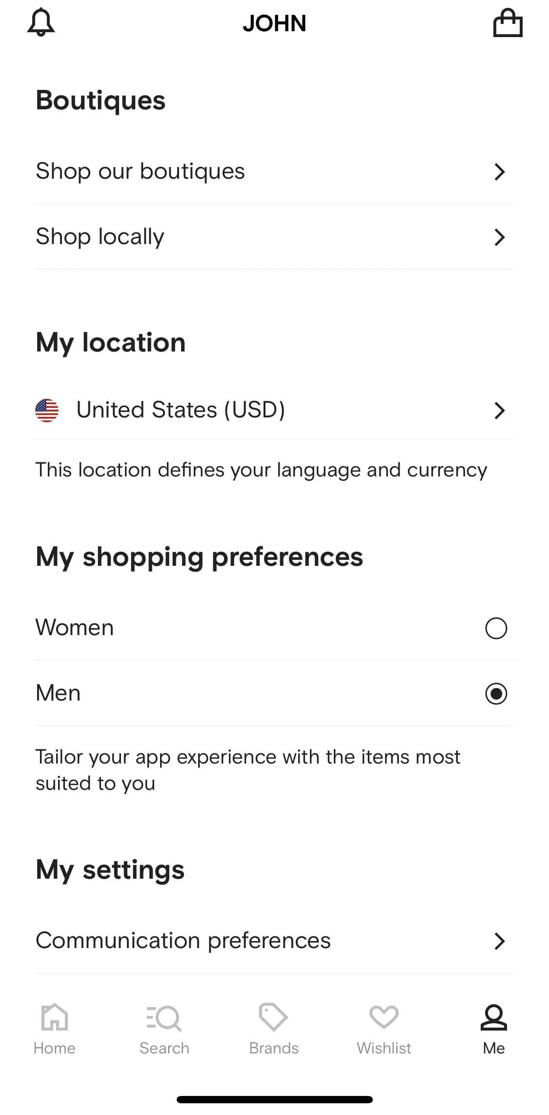 FARFETCH Screen screen in the Changing location flow