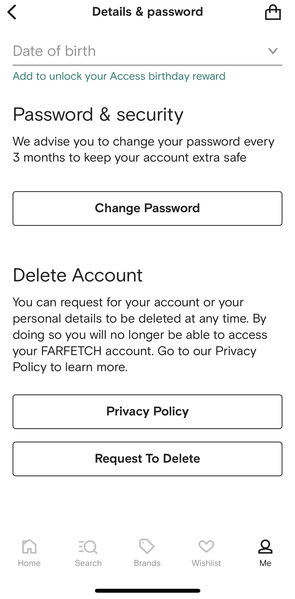 FARFETCH Screen screen in the Deleting my account flow