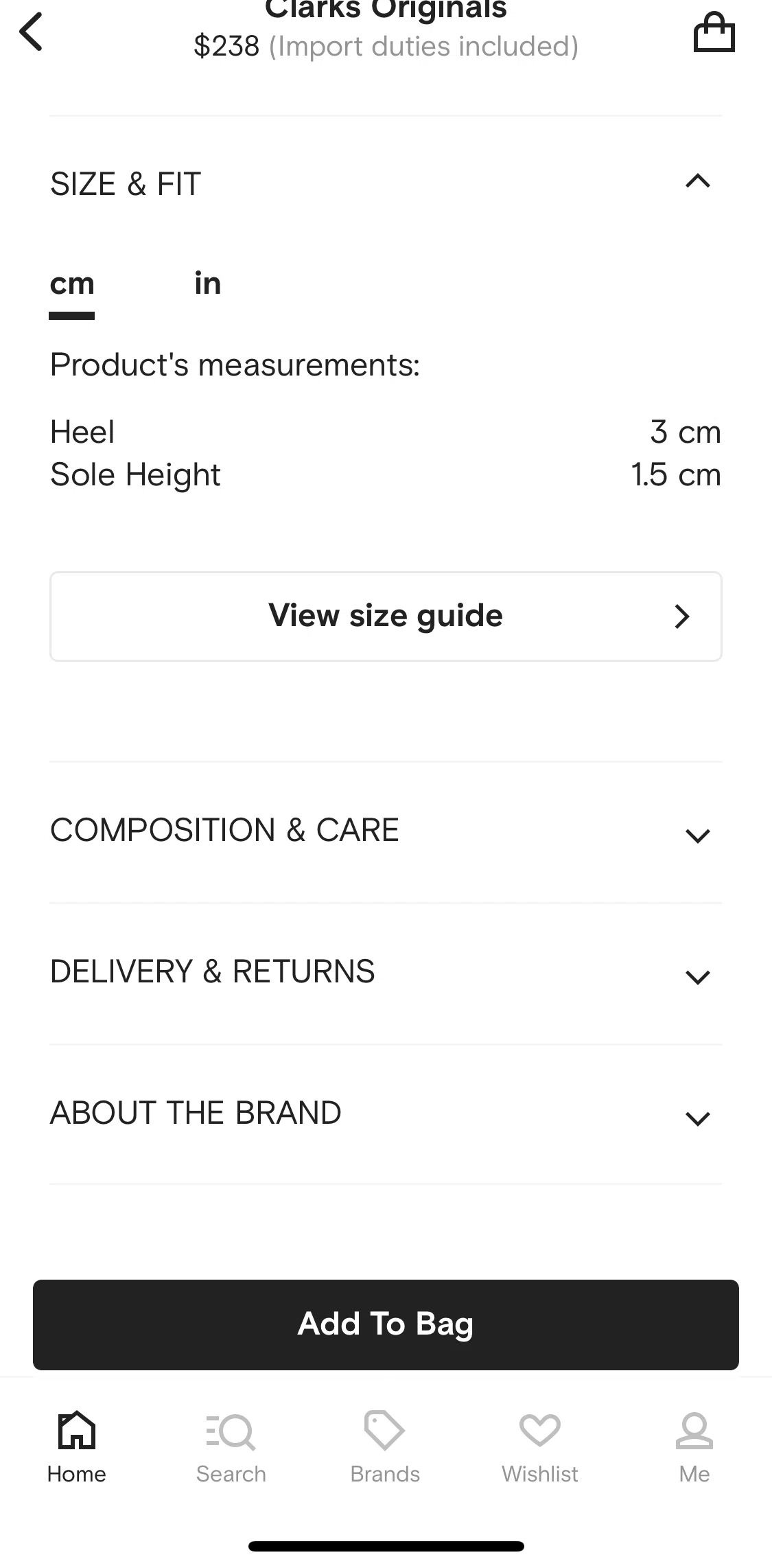 FARFETCH Screen screen in the Size guide flow
