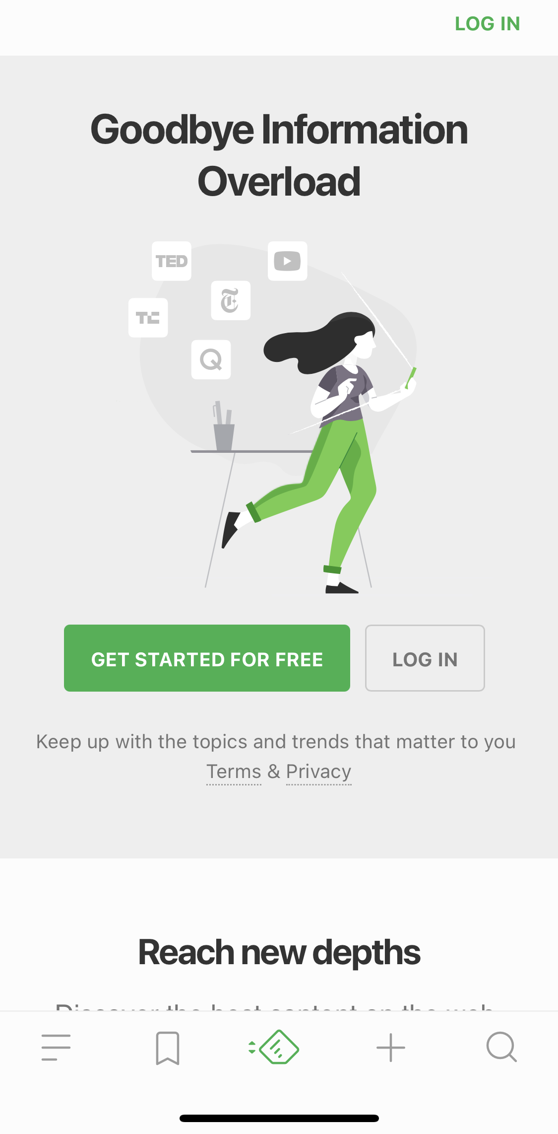 Feedly Start screen screen in the General Browsing flow