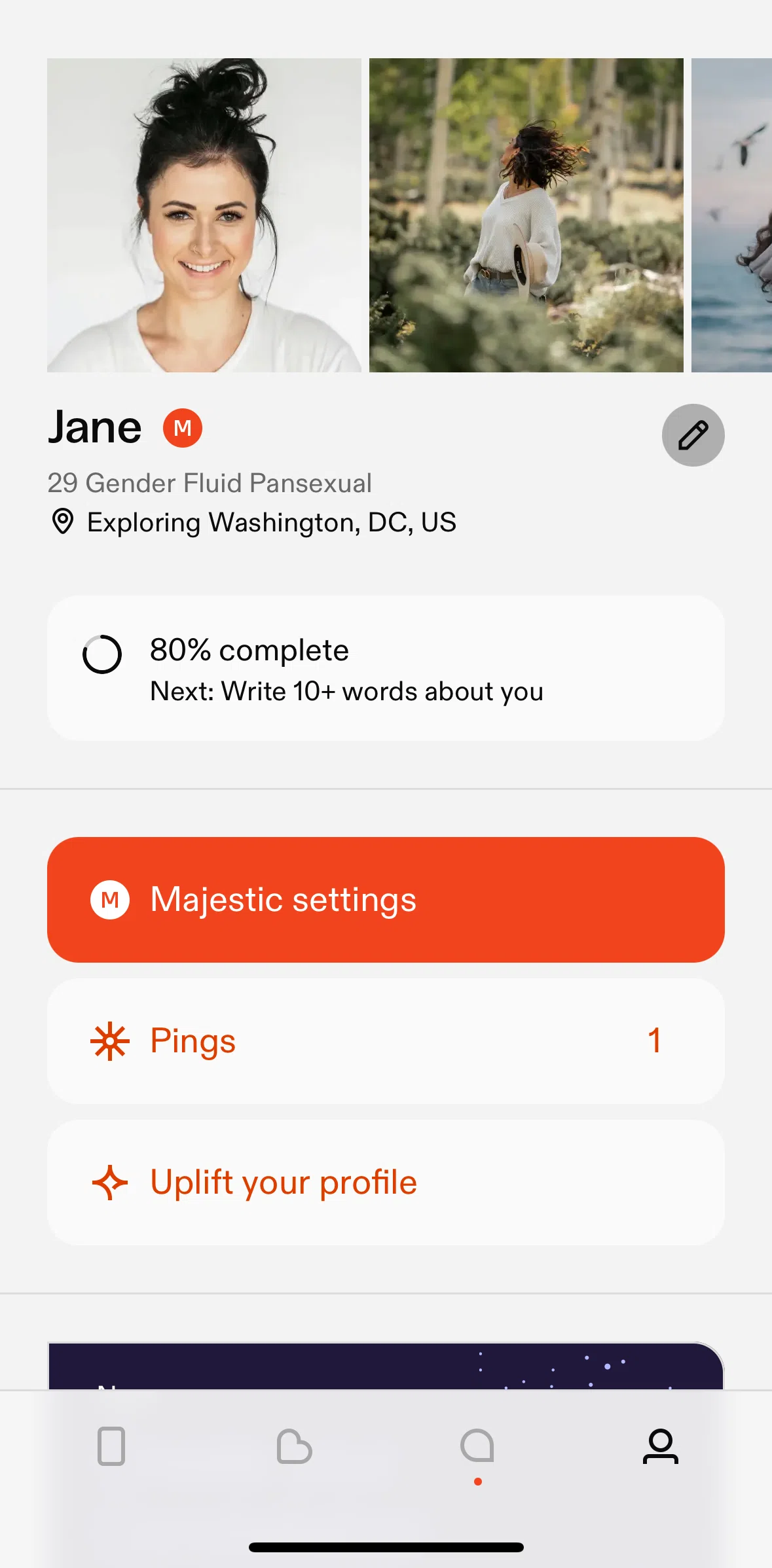 Feeld Screen screen in the Majestic settings flow
