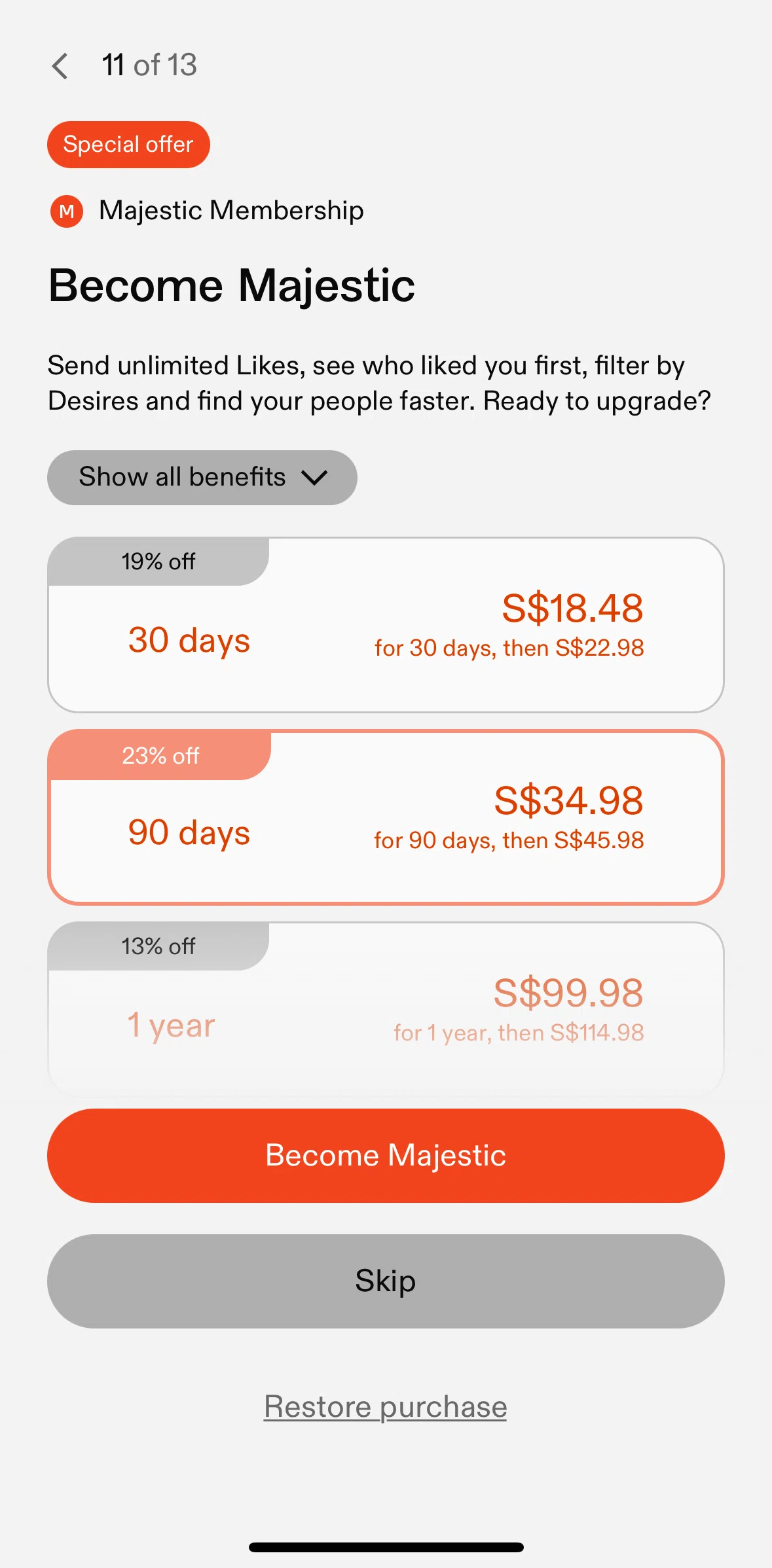 Feeld Screen screen in the Subscribing to Majestic flow