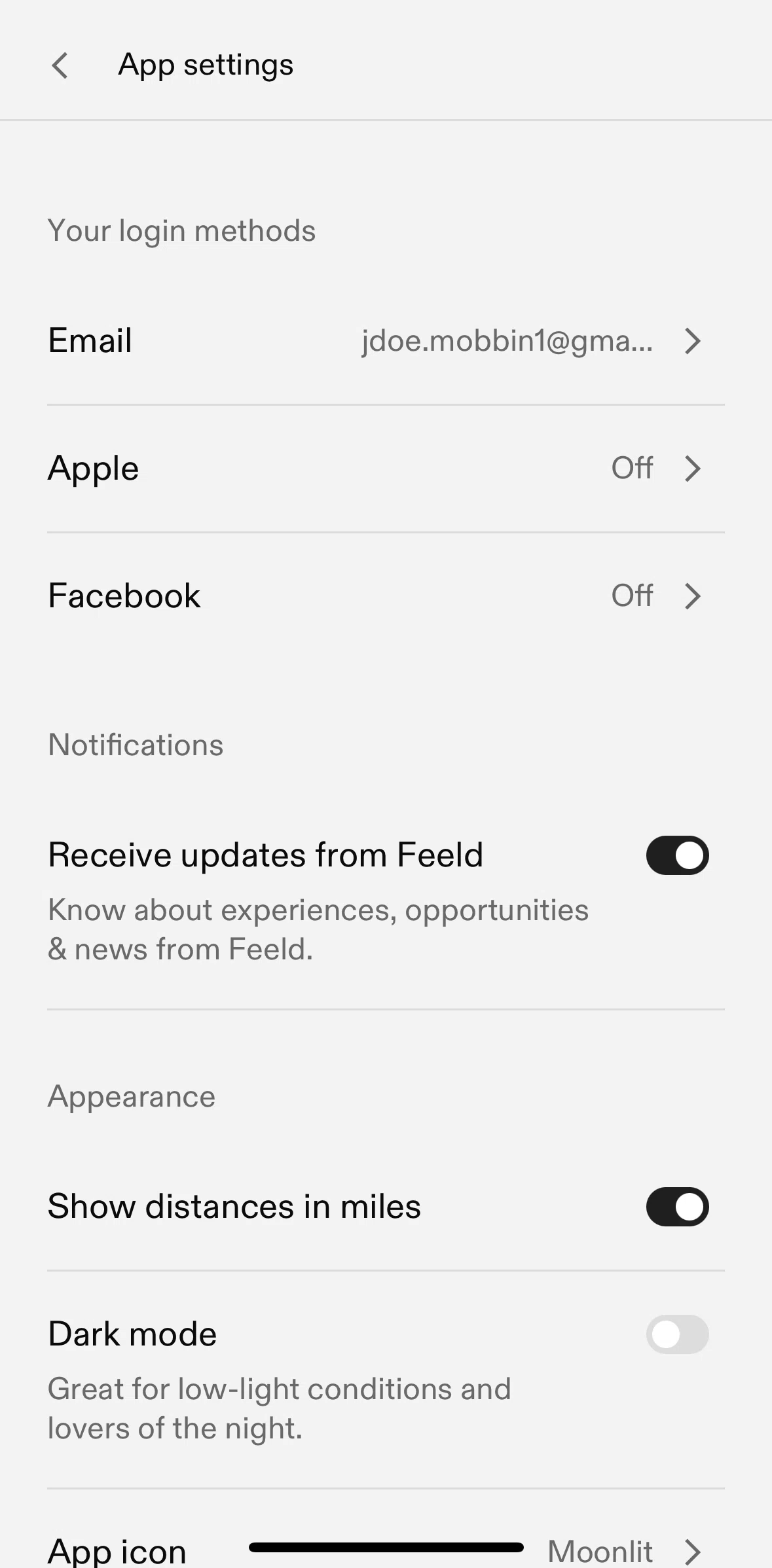 Feeld Screen screen in the Switching to dark mode flow