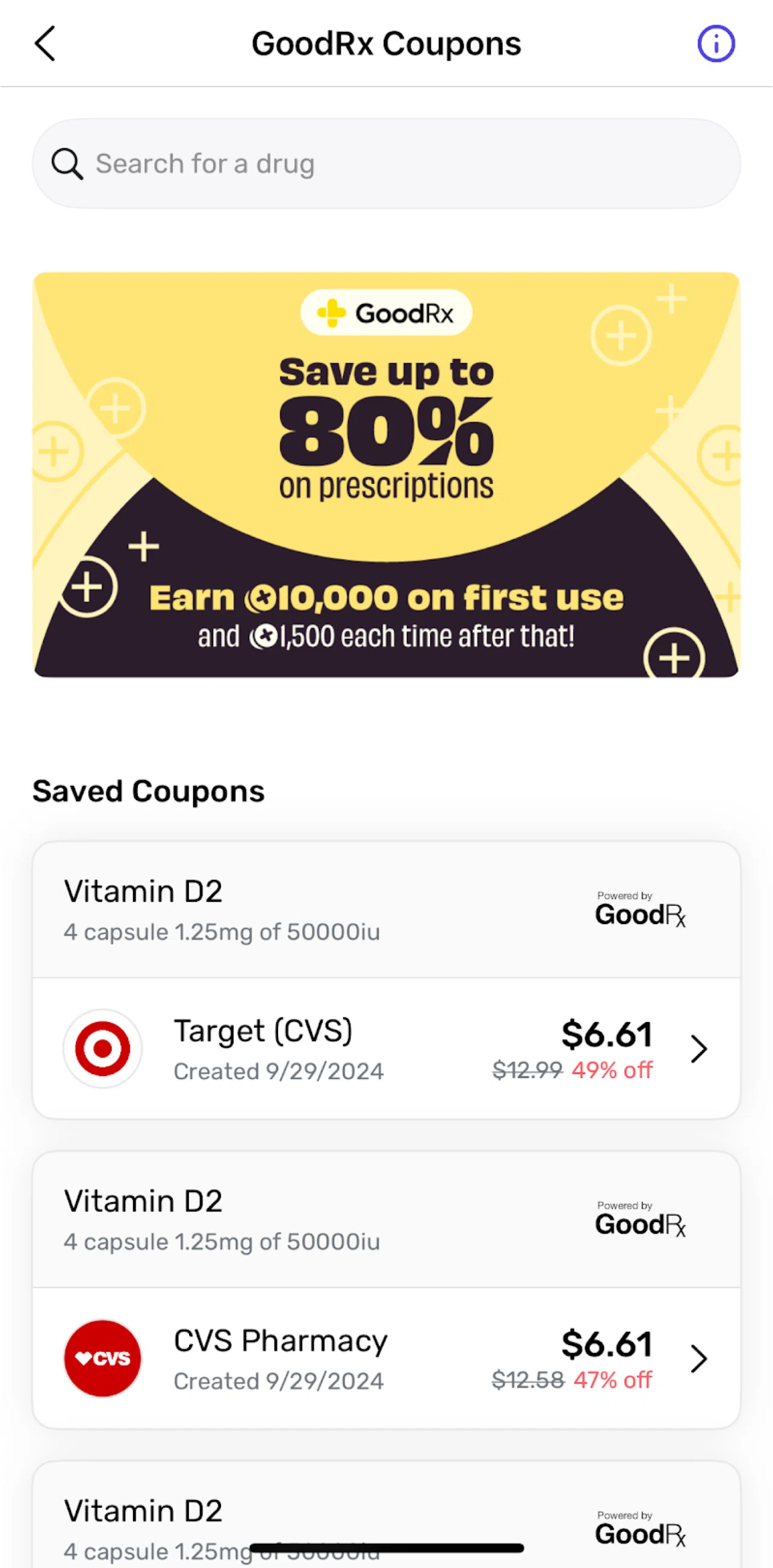 Fetch Screen screen in the Searching for GoodRX coupon flow