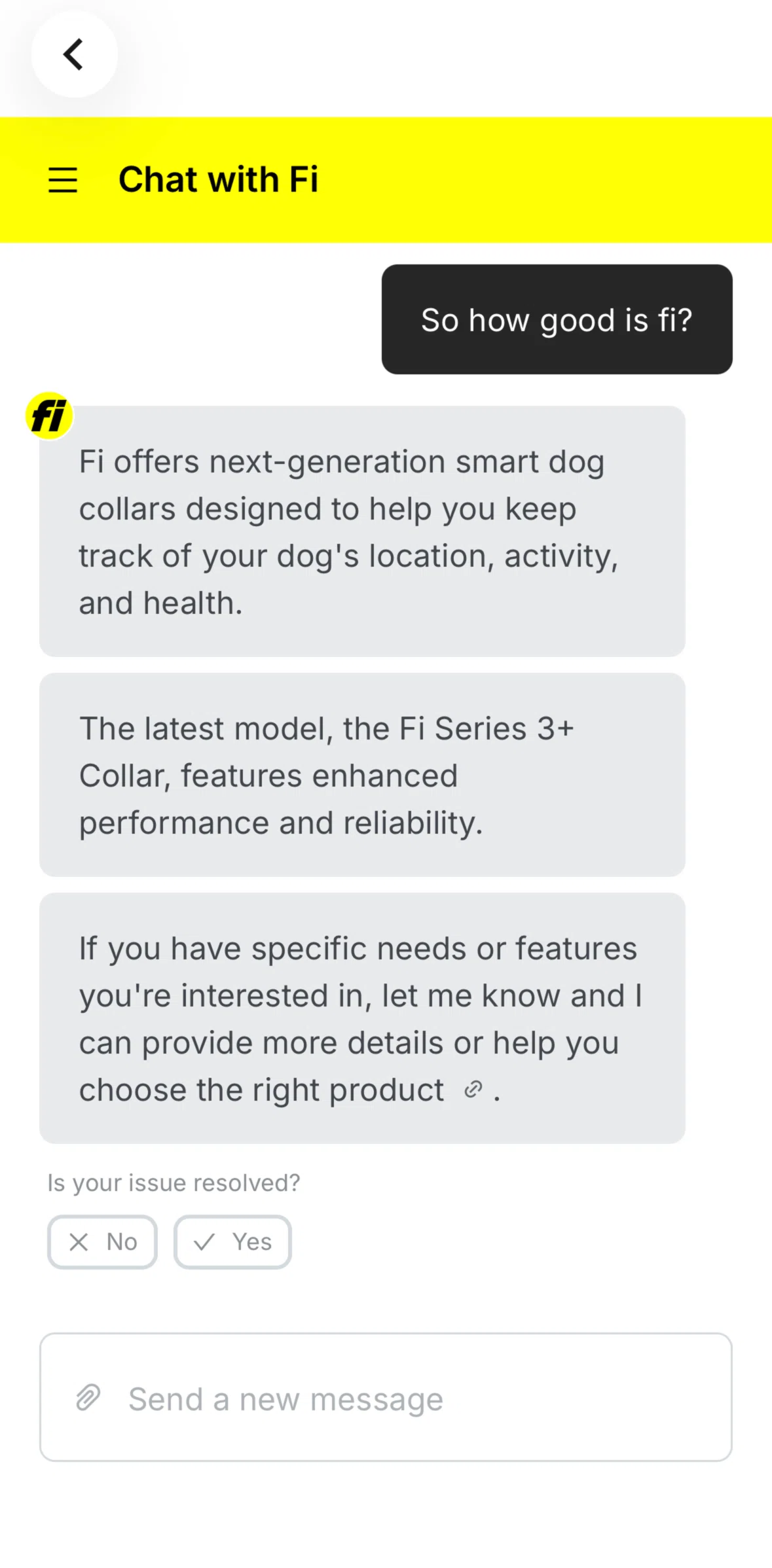 Fi Screen screen in the Rating support chat flow