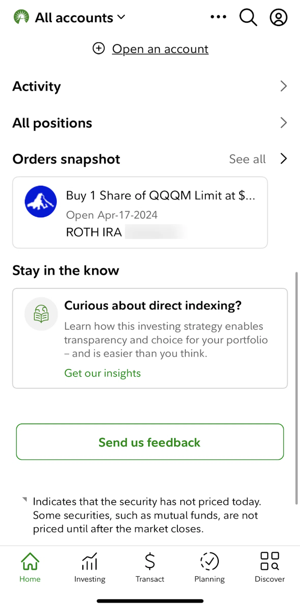 Fidelity Screen screen in the All positions flow