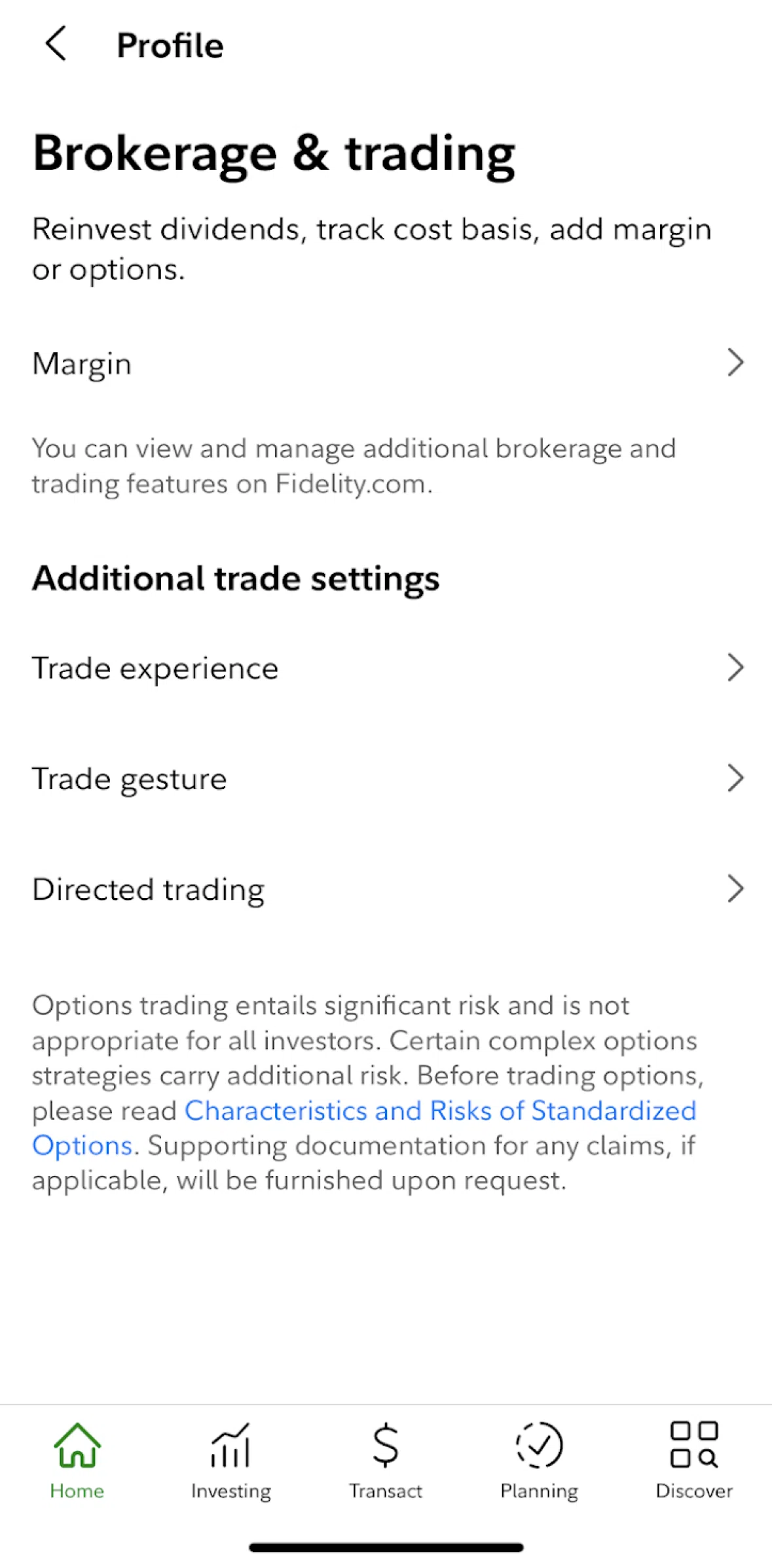 Fidelity Screen screen in the Setting trade experience flow
