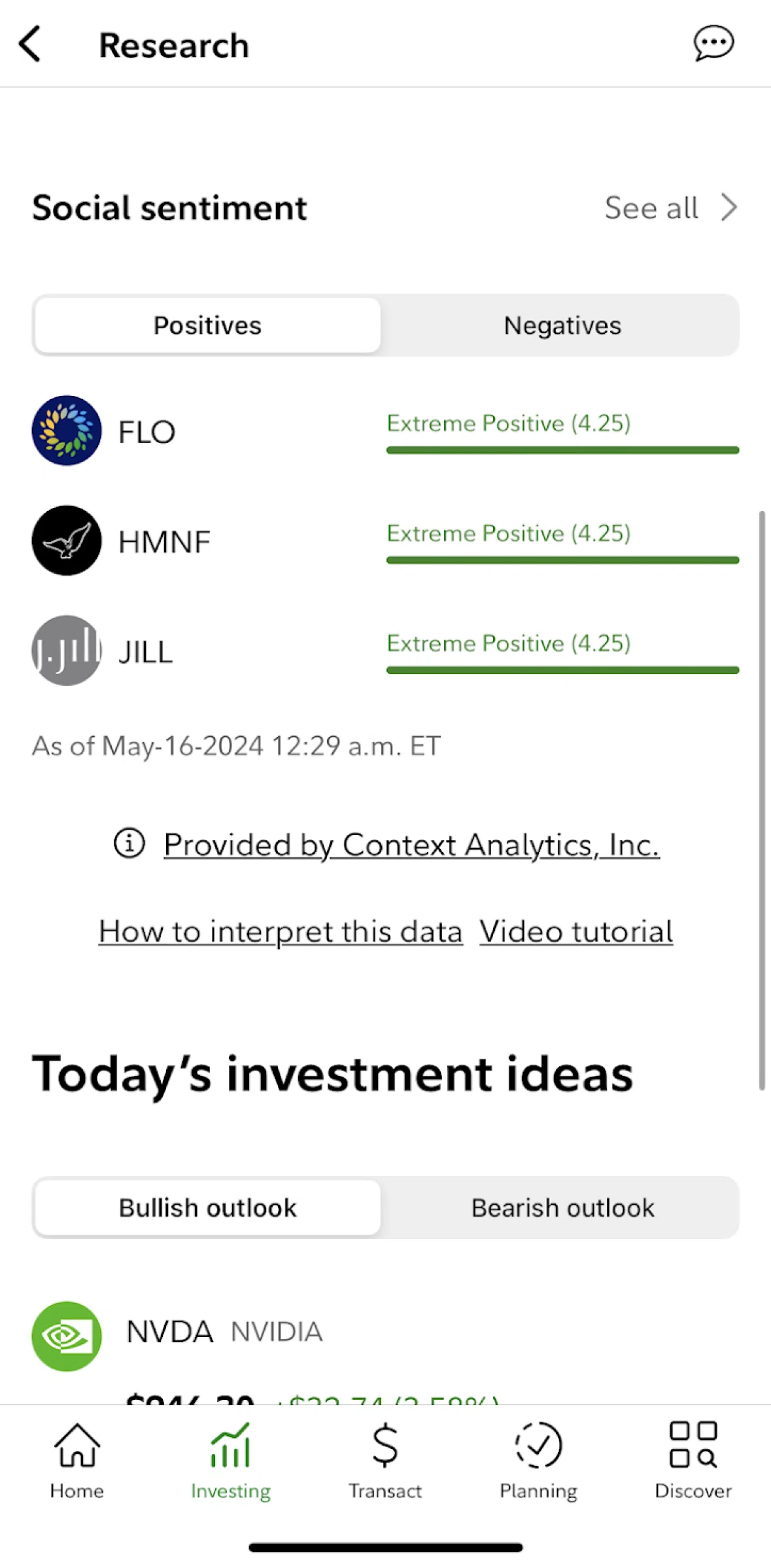 Fidelity Screen screen in the Social sentiment flow
