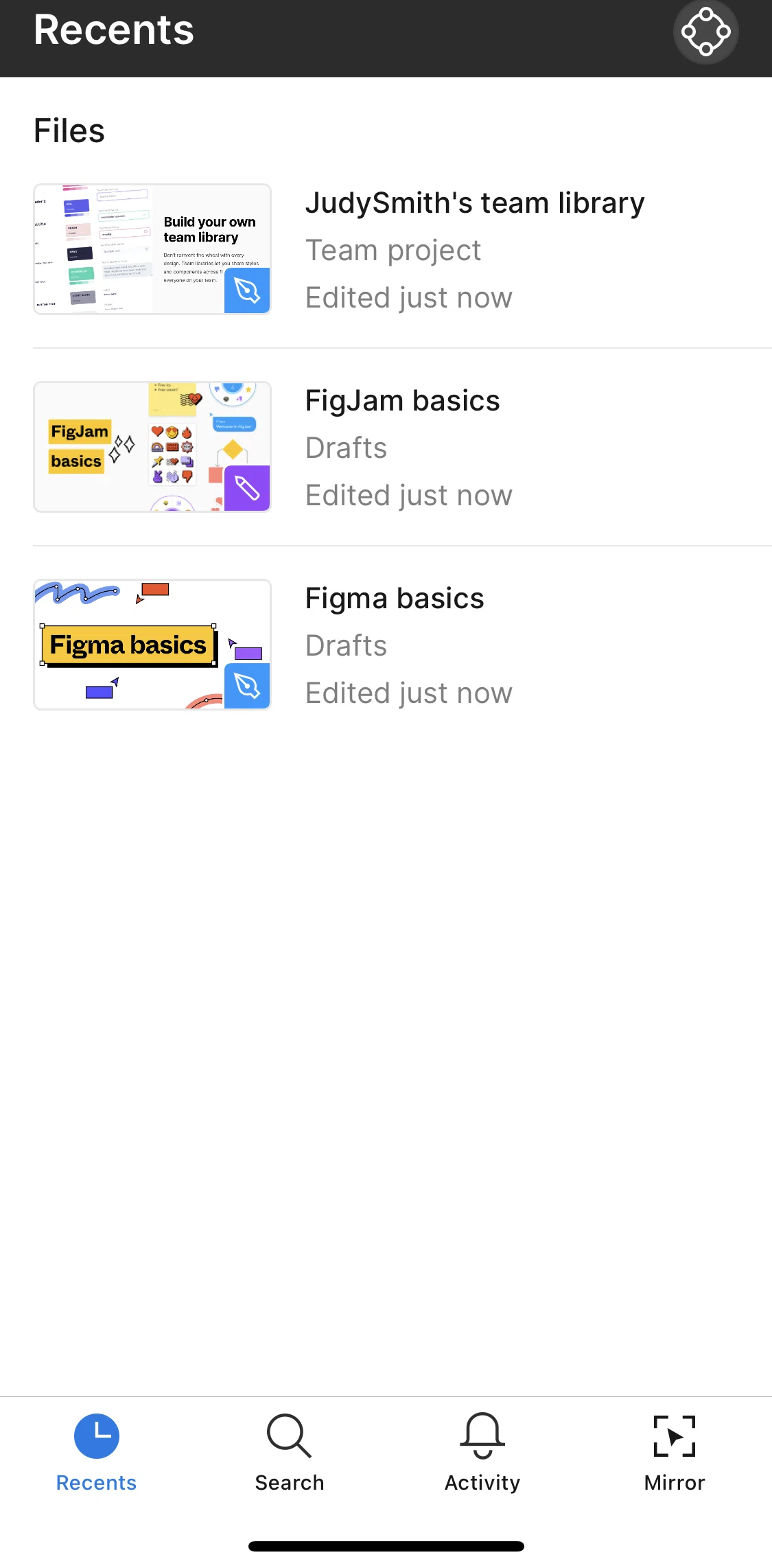 Figma Screen screen in the Recent files flow