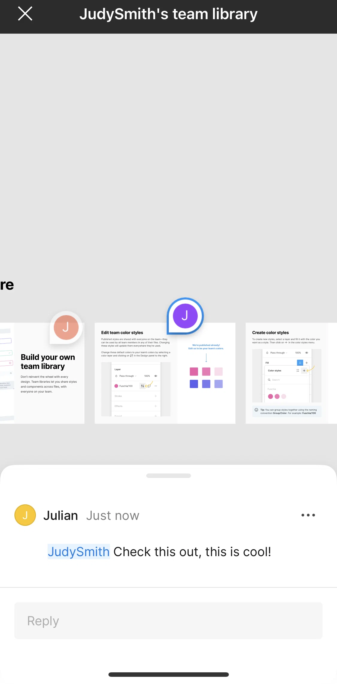 Figma Screen screen in the Replying to a comment flow