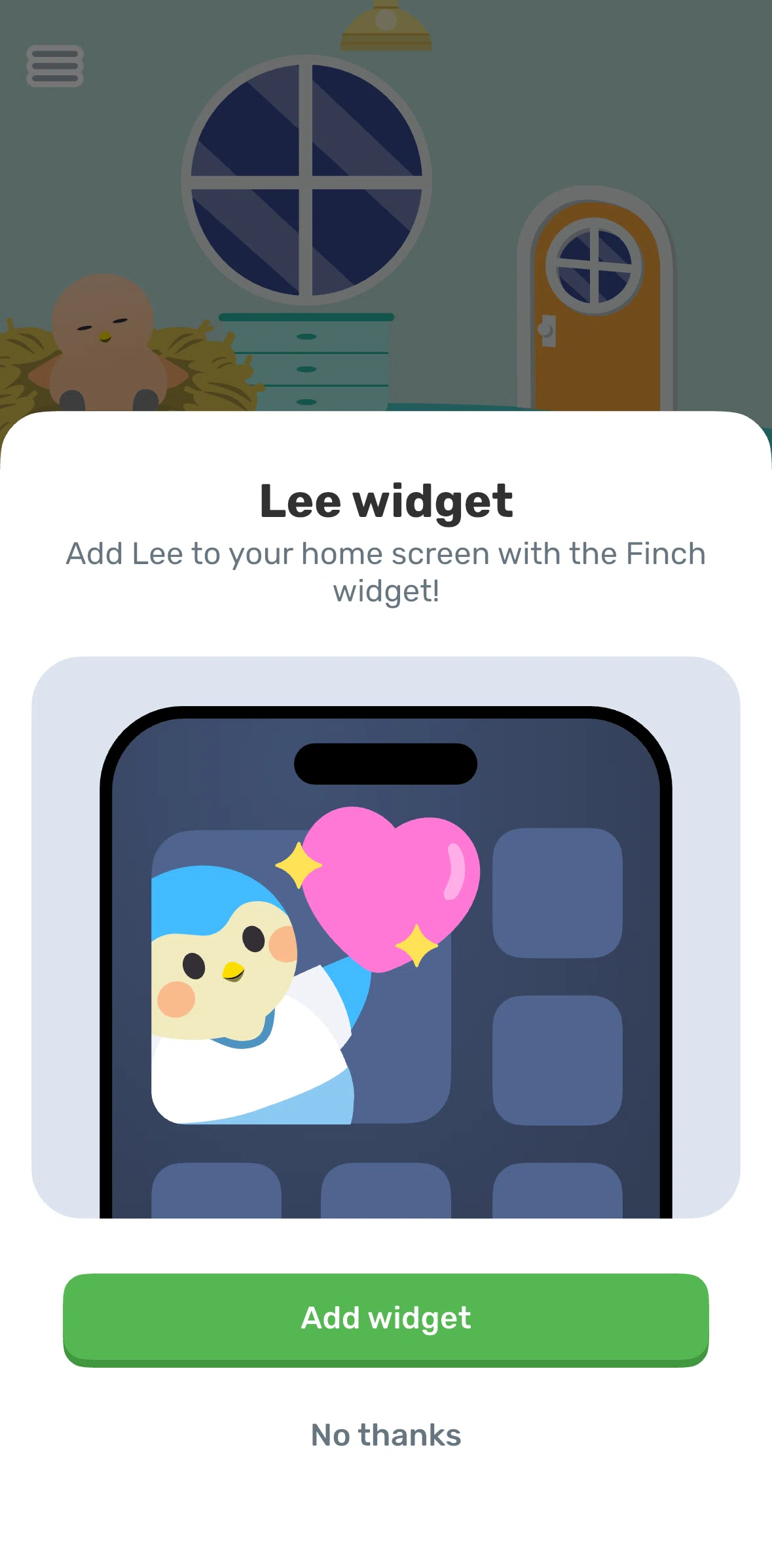 Finch Screen 1 screen in the Adding a widget flow