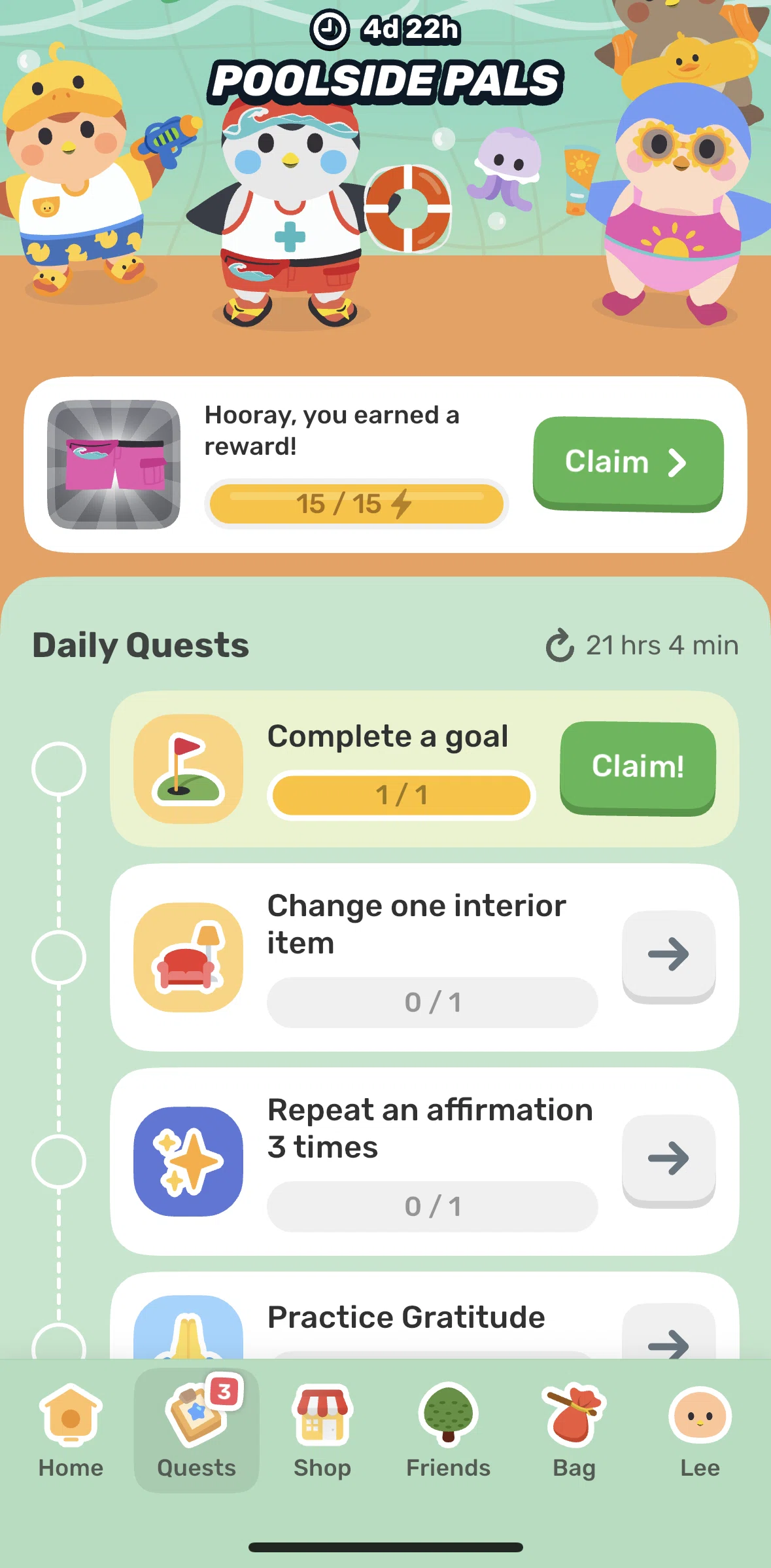 Finch Screen 1 screen in the Claiming a reward (daily quests) flow