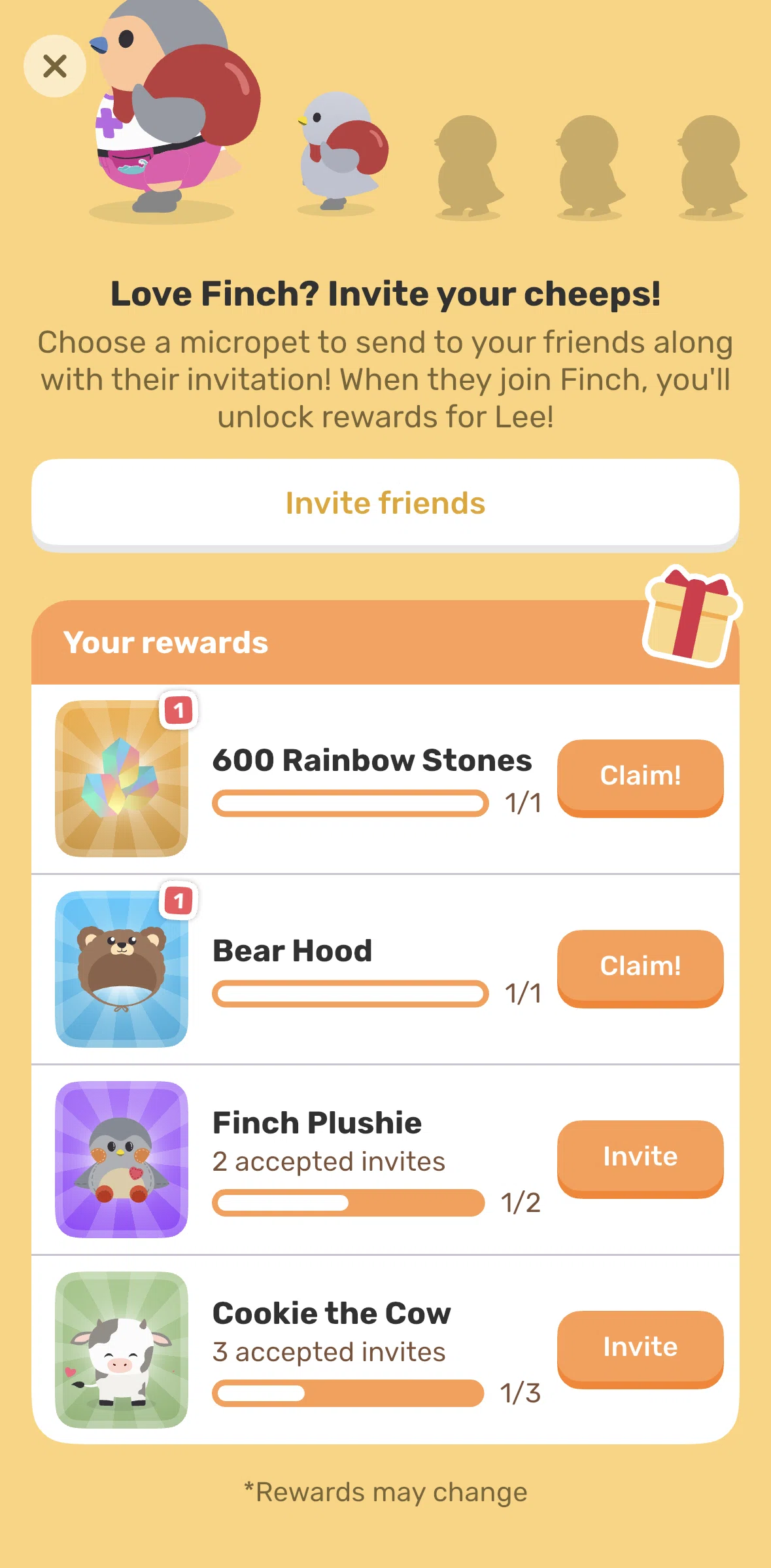 Finch Screen 1 screen in the Claiming a reward (invite friends) flow