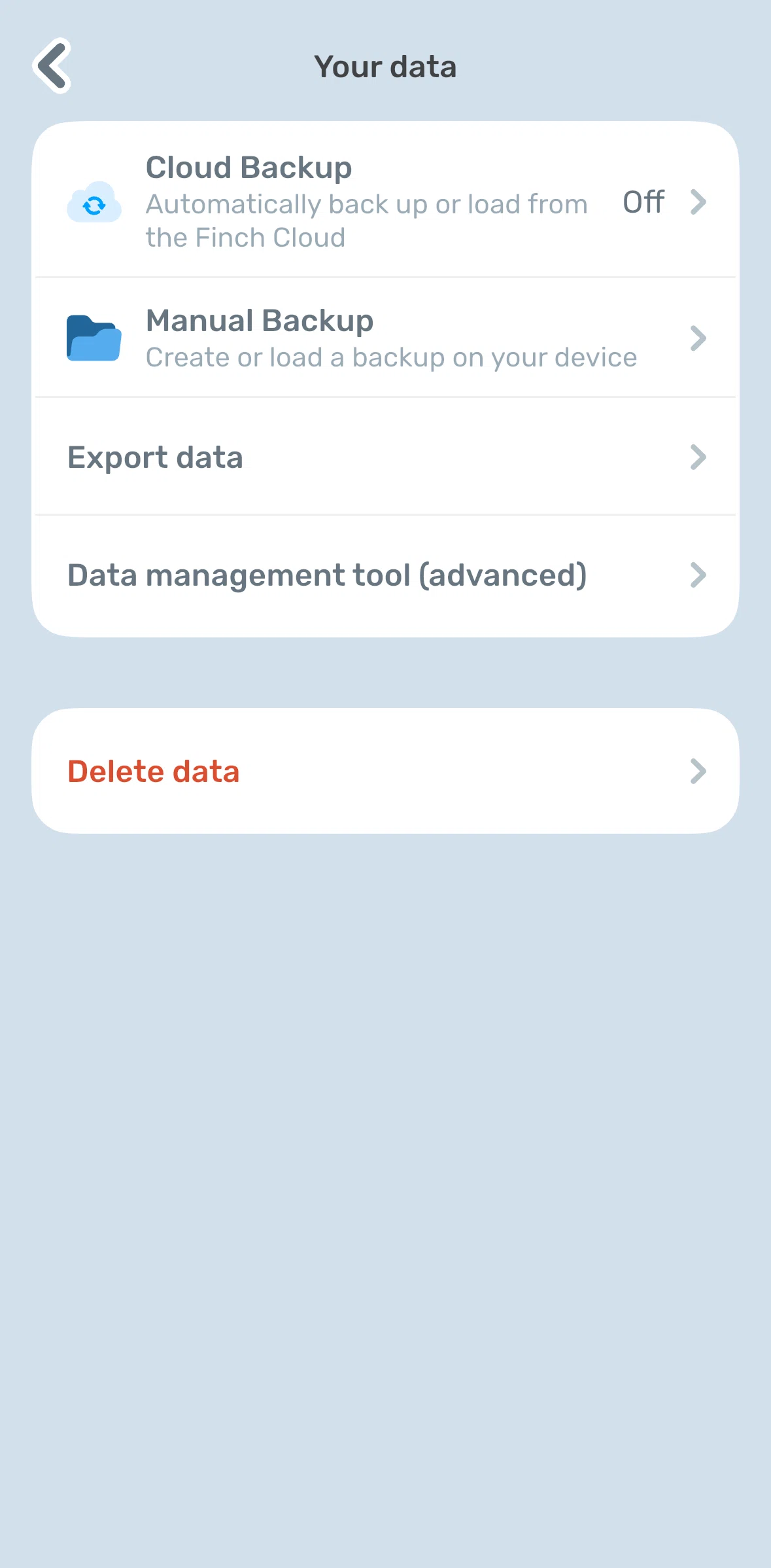 Finch Screen 1 screen in the Creating a manual backup flow