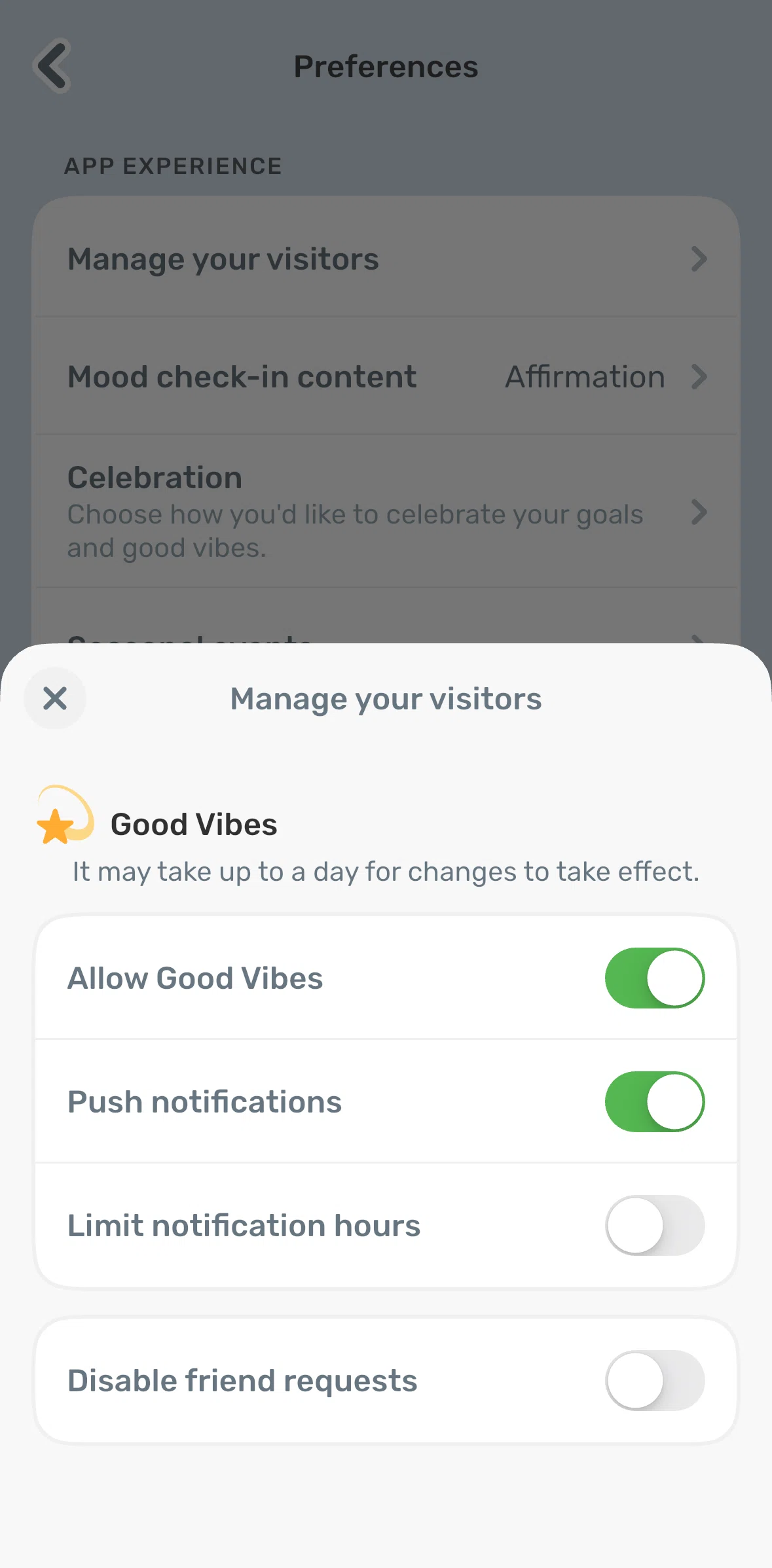 Finch Screen 1 screen in the Disabling friend requests flow