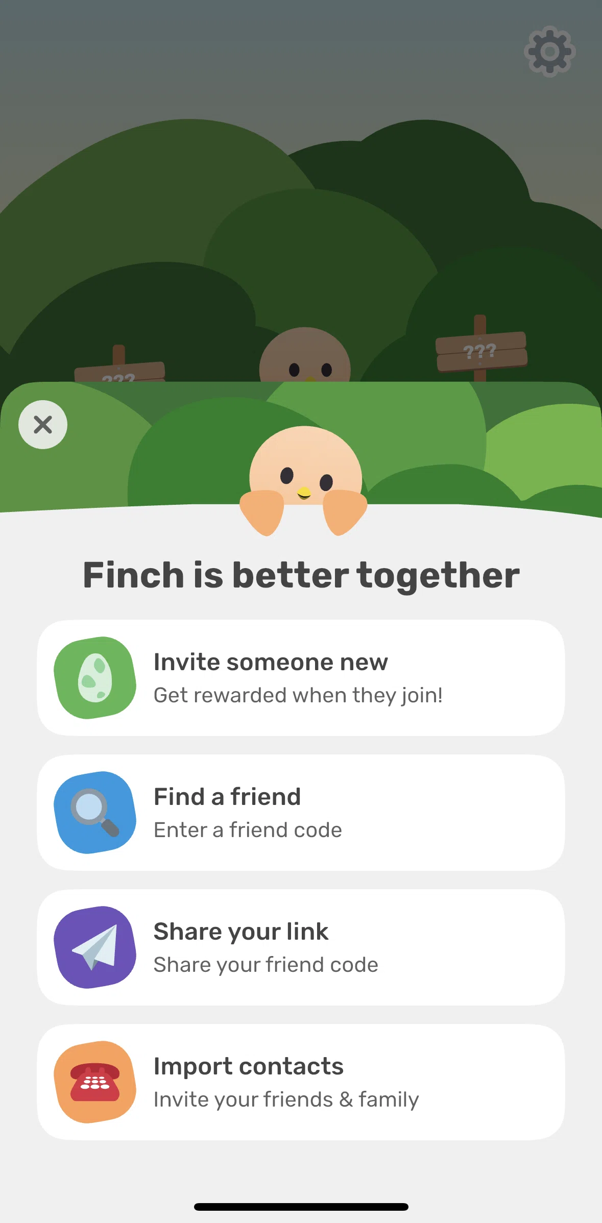 Finch Screen 1 screen in the Import contacts flow