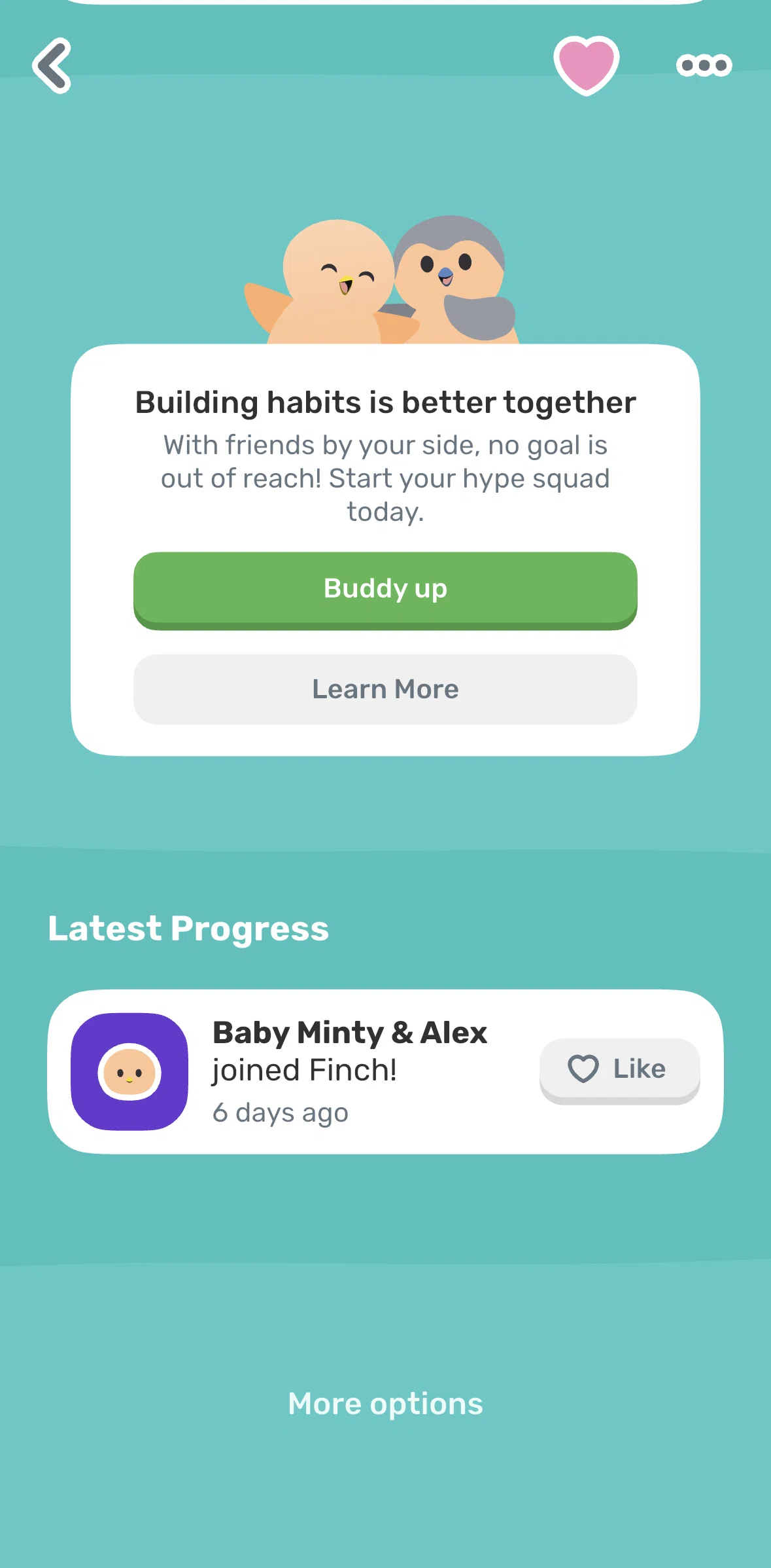 Finch Screen 1 screen in the Liking a progress flow