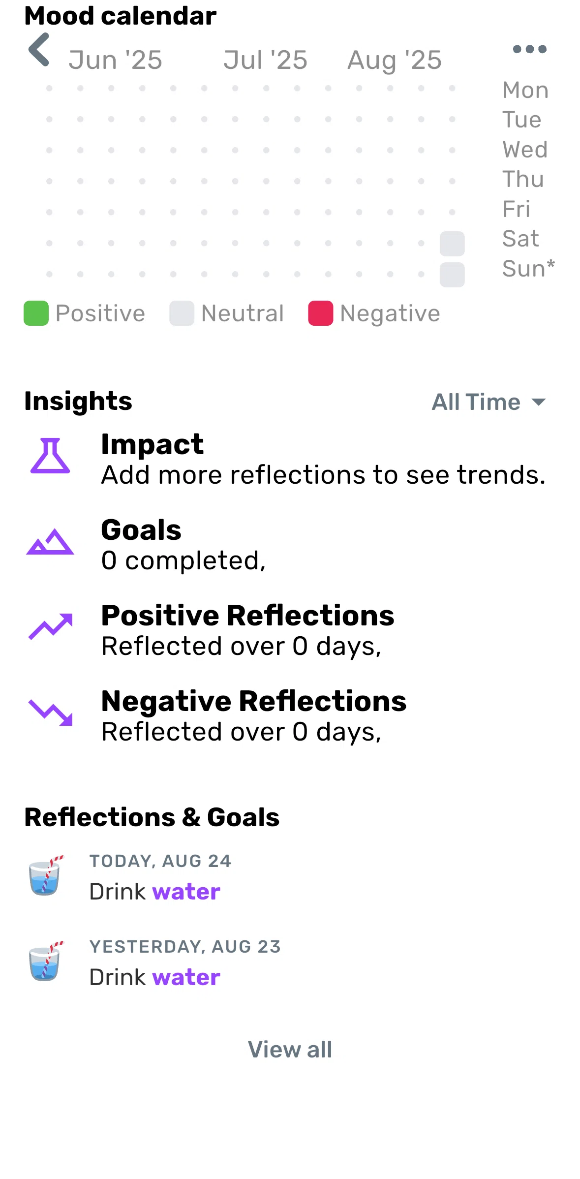 Finch Screen 1 screen in the Reflections & goals flow