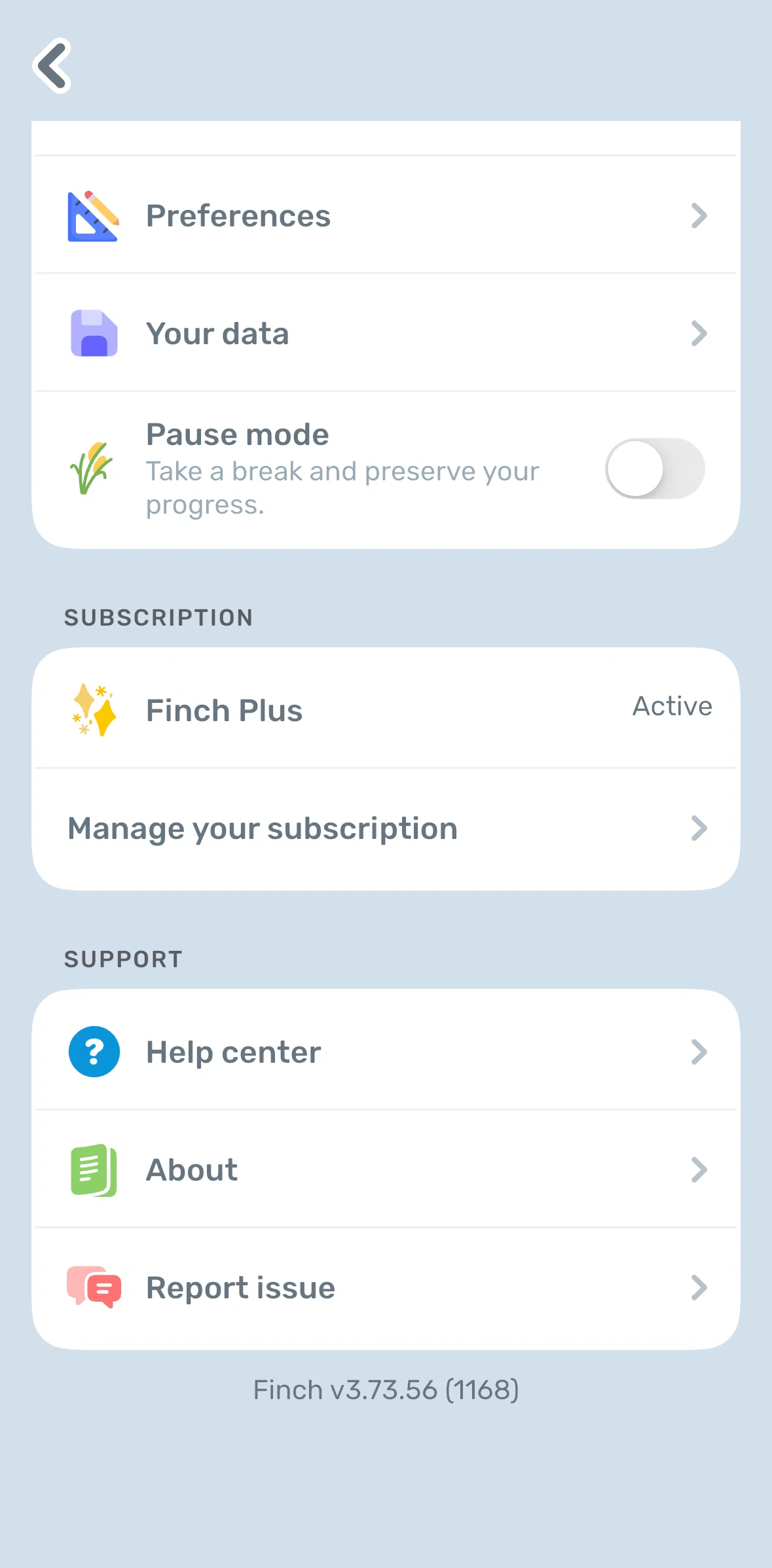 Finch Screen 1 screen in the Report an issue flow