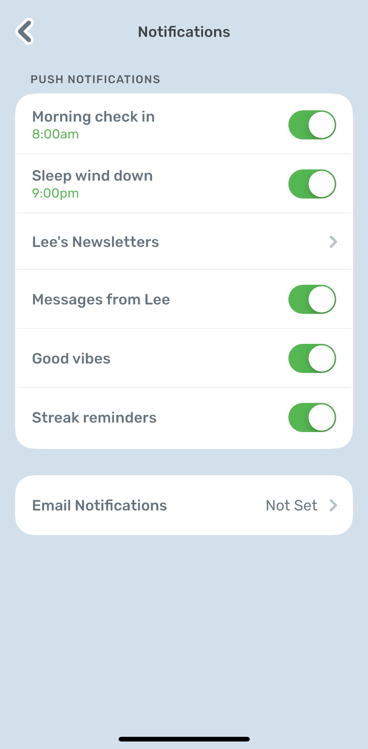 Finch Screen 1 screen in the Setting email notifications flow