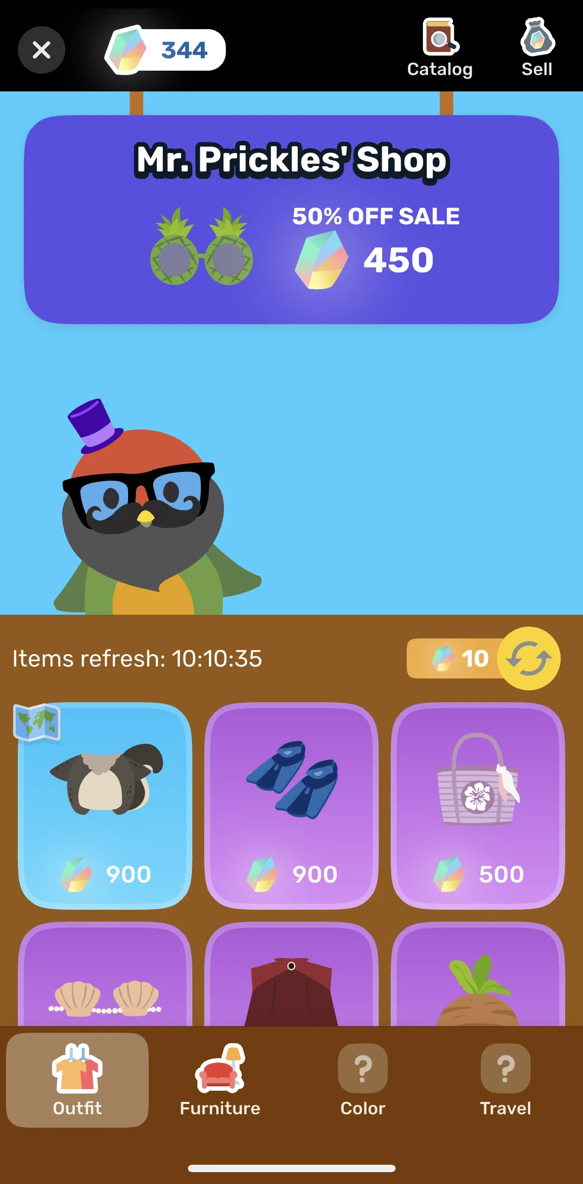 Finch Screen 1 screen in the Shuffling items (spend stones) flow