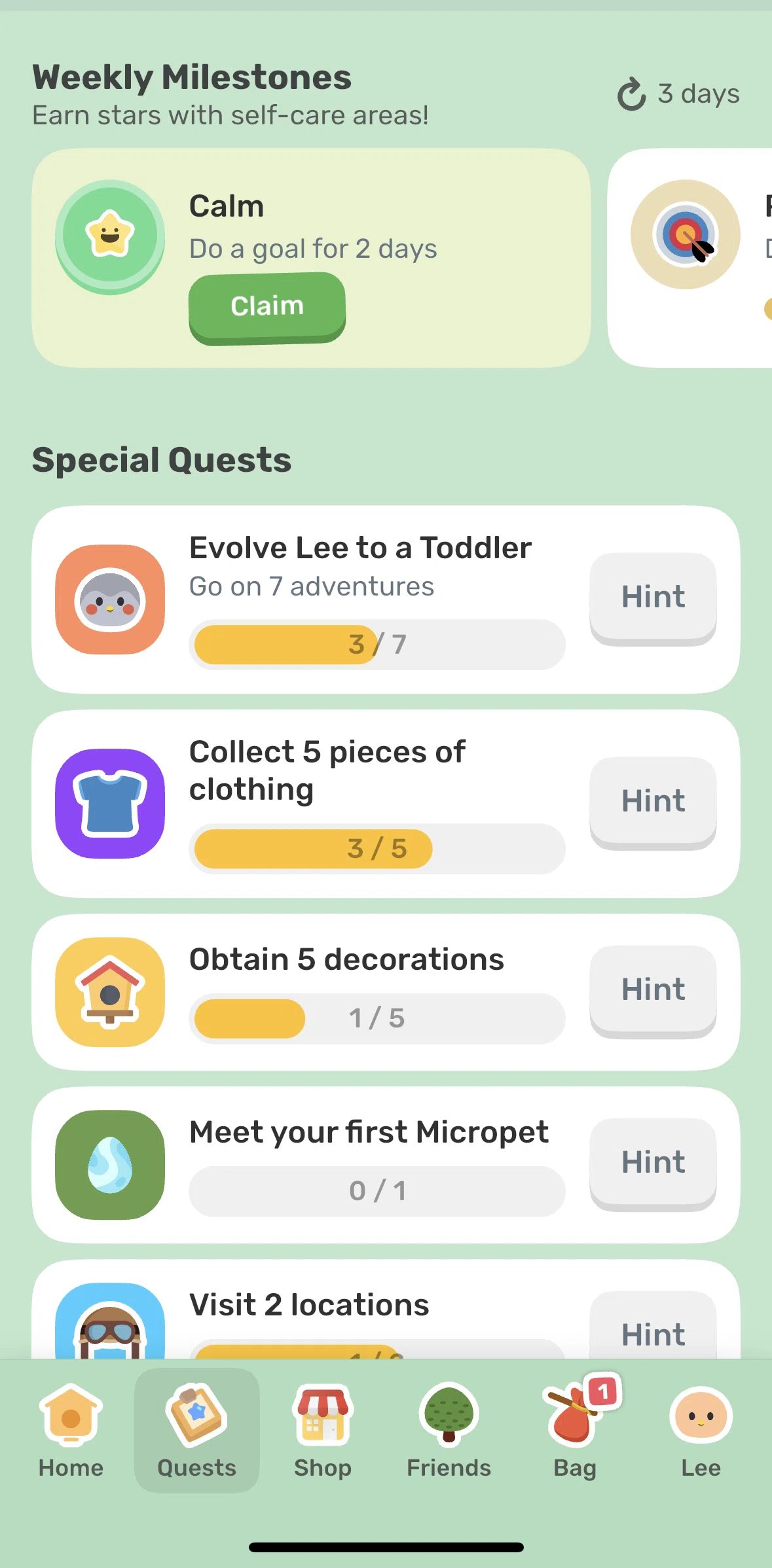 Finch Screen 1 screen in the Special quest hint flow