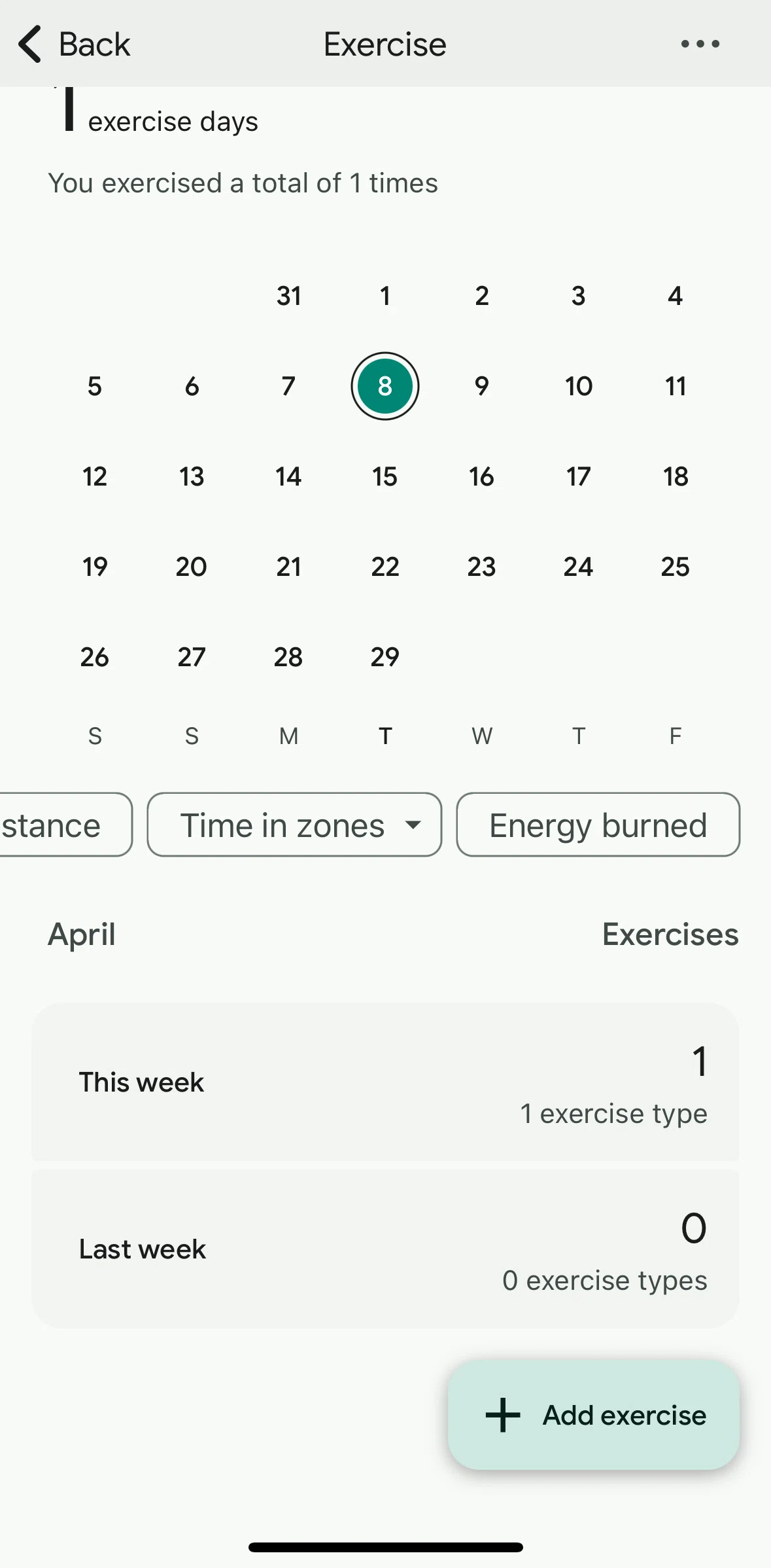 Fitbit Screen screen in the Add exercise flow