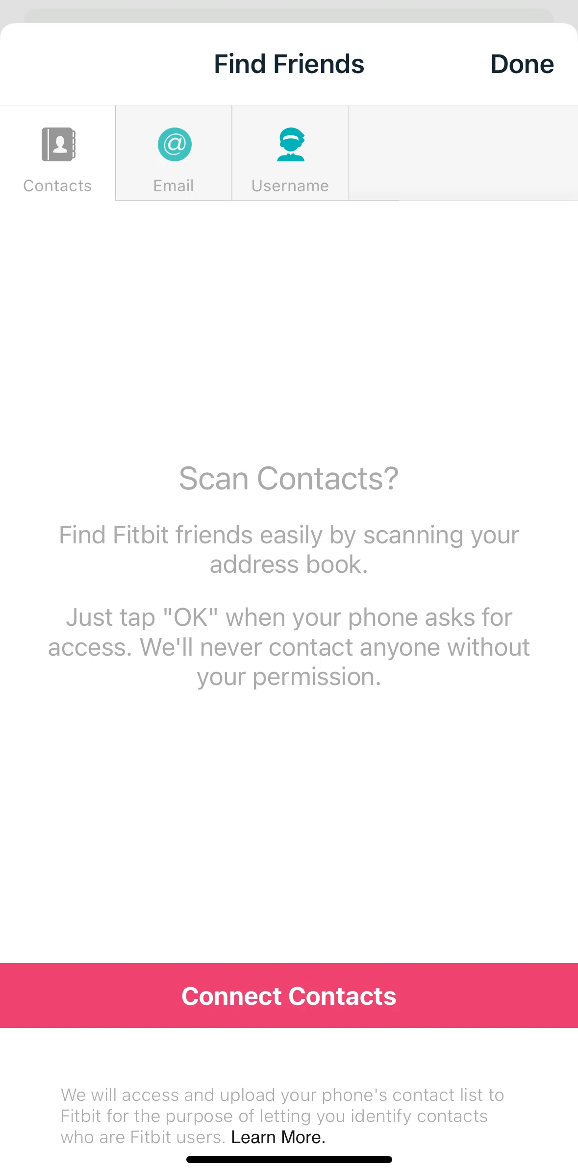 Fitbit Screen screen in the Connect contacts flow