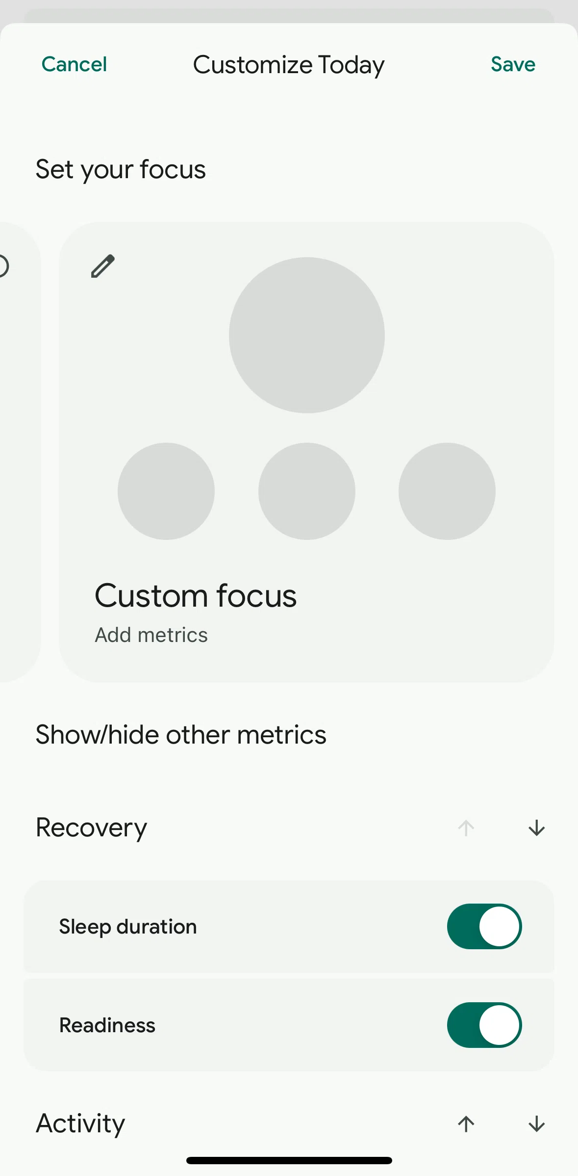 Fitbit Screen screen in the Customizing focus flow