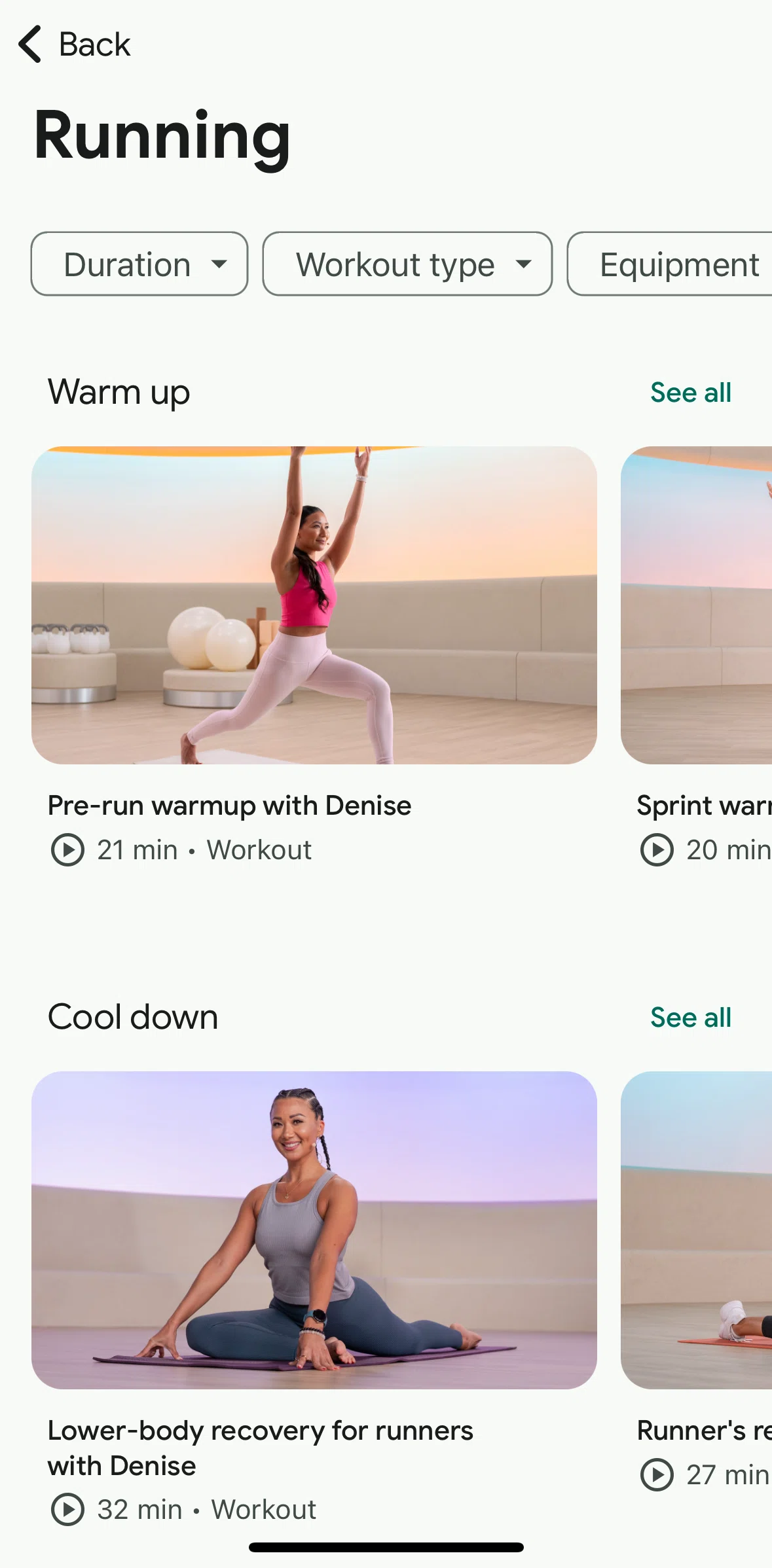 Fitbit Screen screen in the Filtering workouts flow