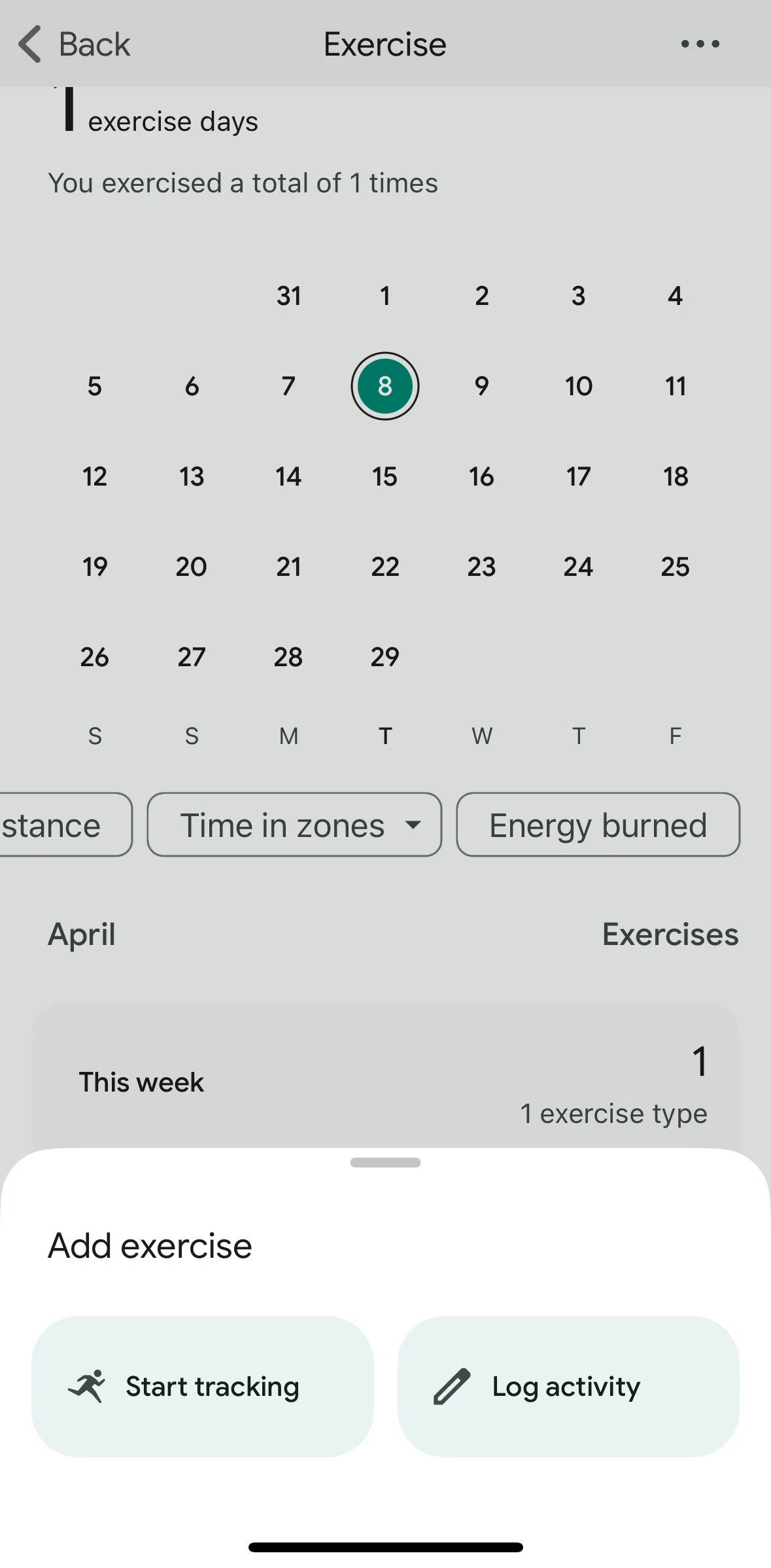 Fitbit Screen screen in the Logging an exercise flow