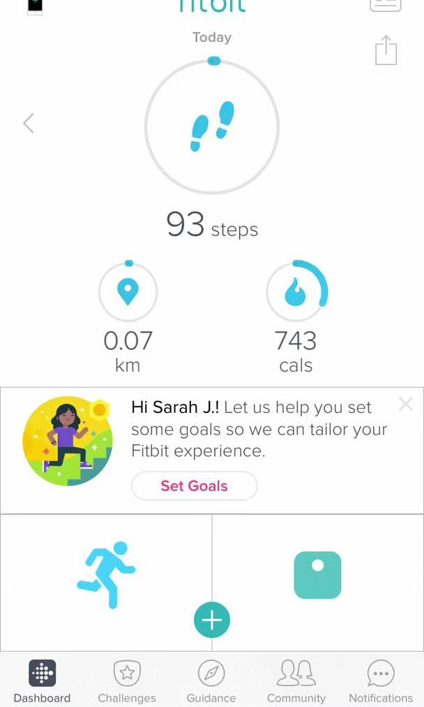 Fitbit Dashboard screen in the Setting Goals flow