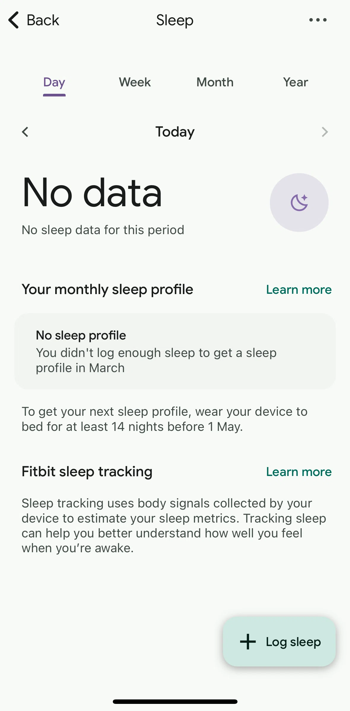 Fitbit Screen screen in the Sleep profile flow