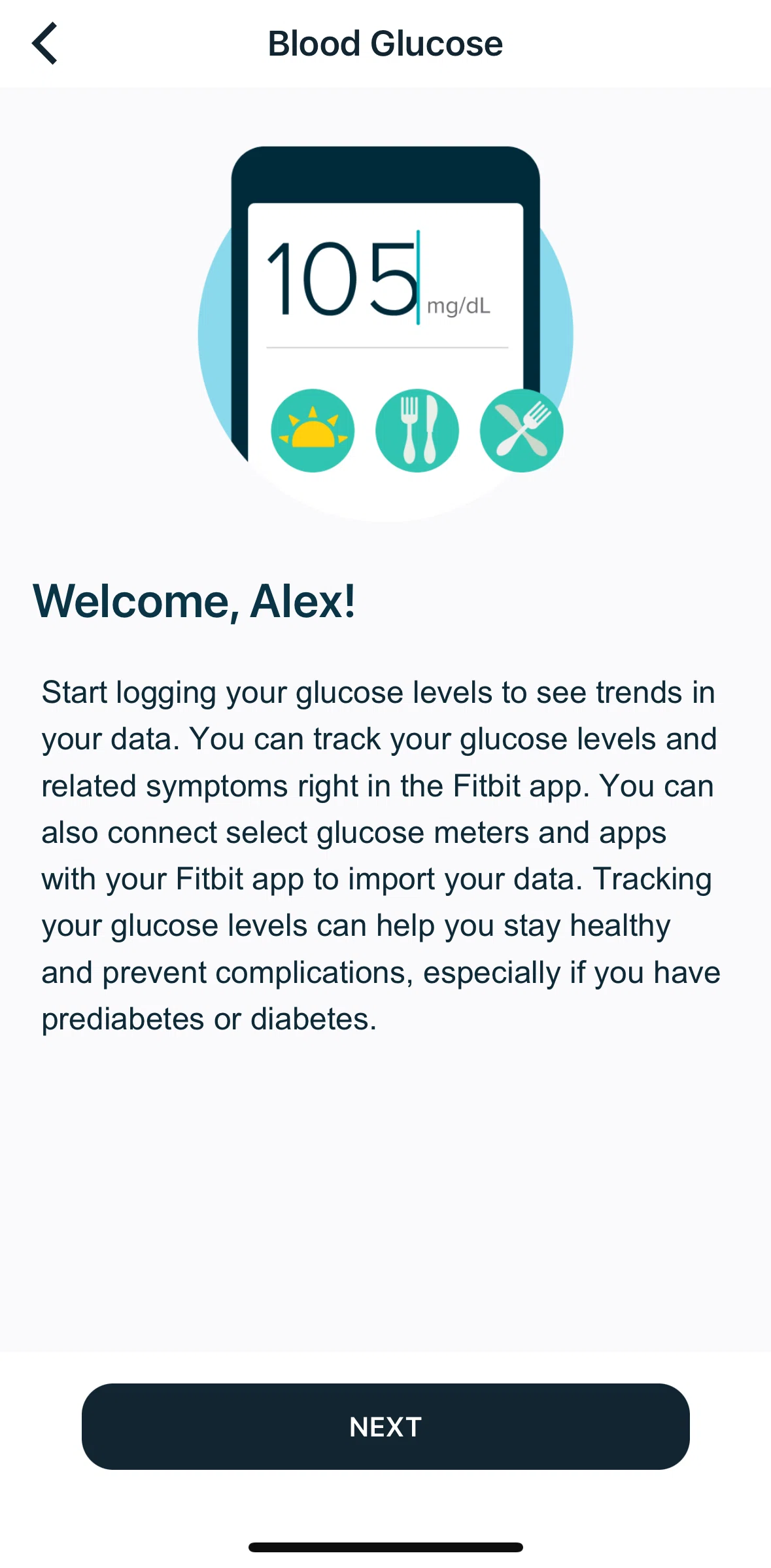 Fitbit Screen screen in the Turning on diabetes tracking flow