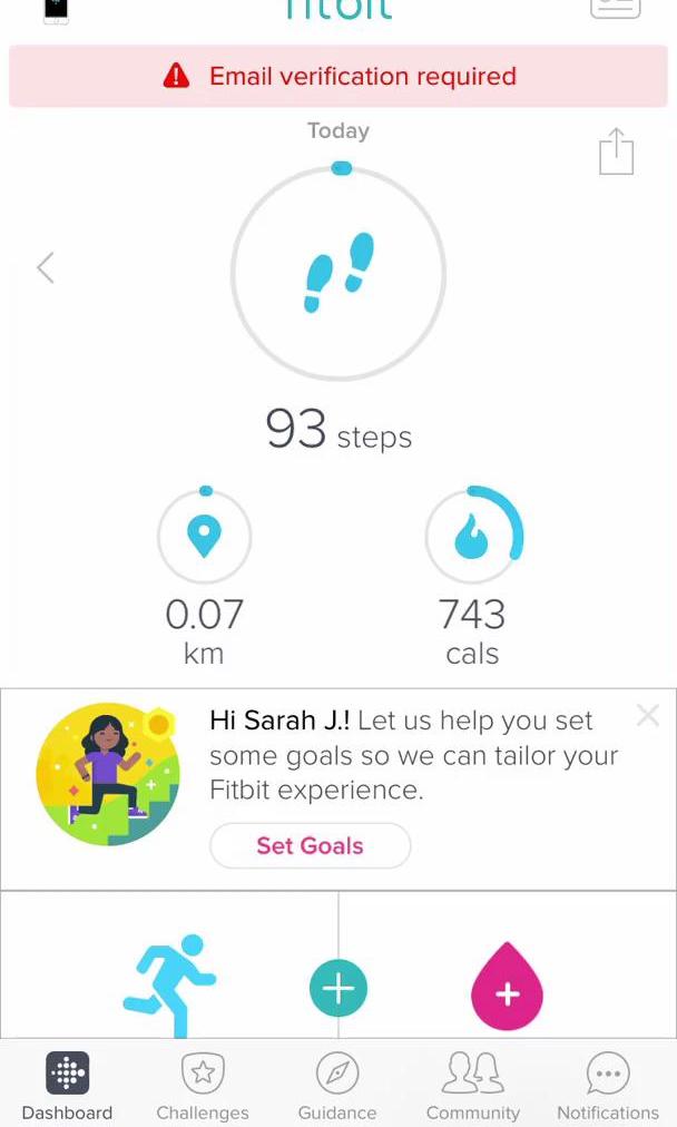 Fitbit Dashboard screen in the Updating Your Email flow