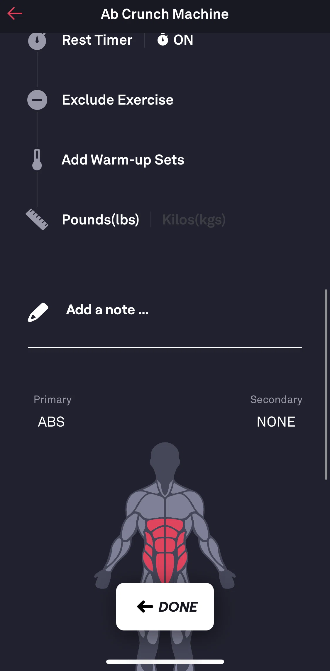 Fitbod Screen screen in the Adding a note flow