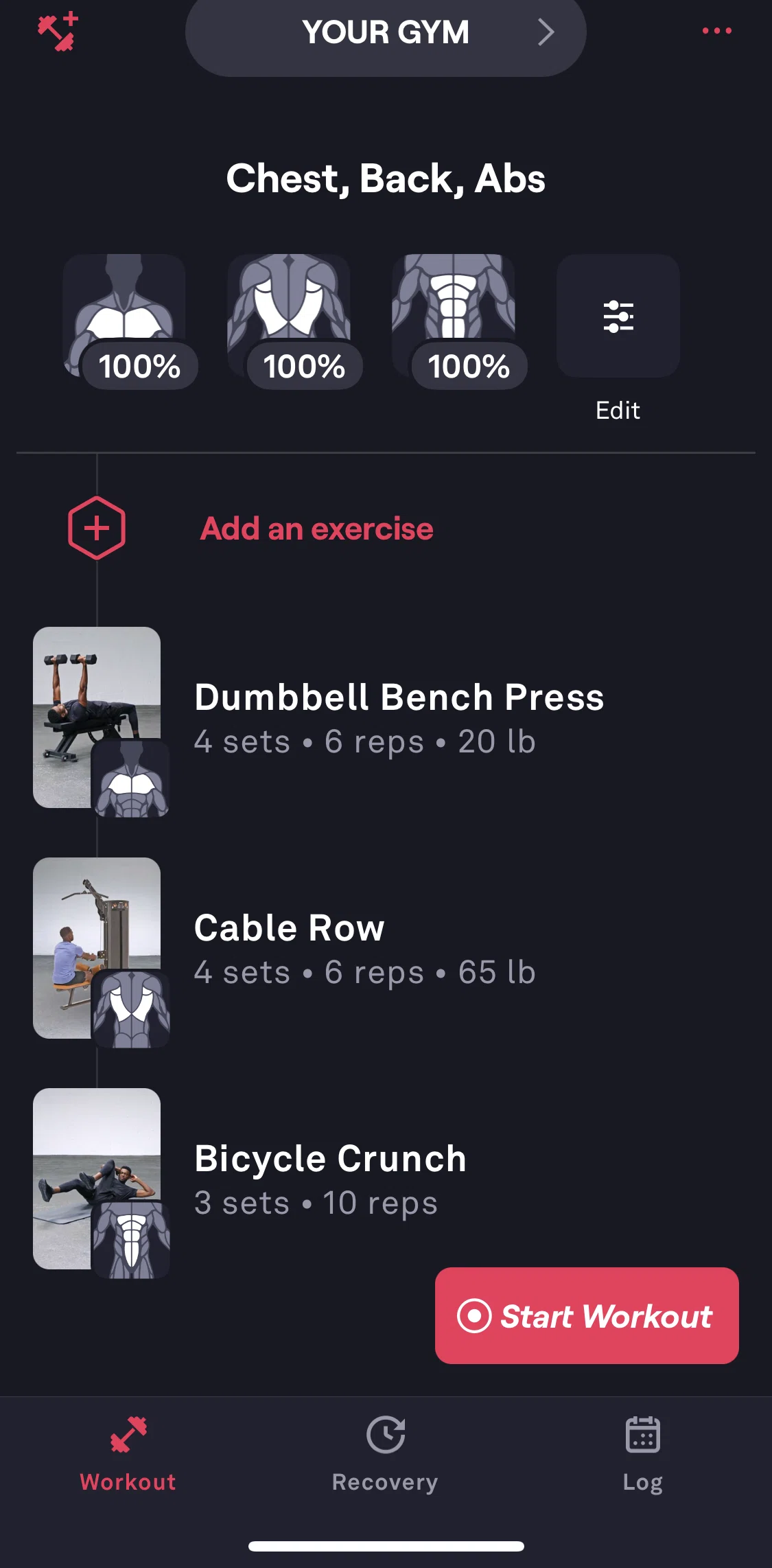 Fitbod Screen screen in the Adding an exercise flow