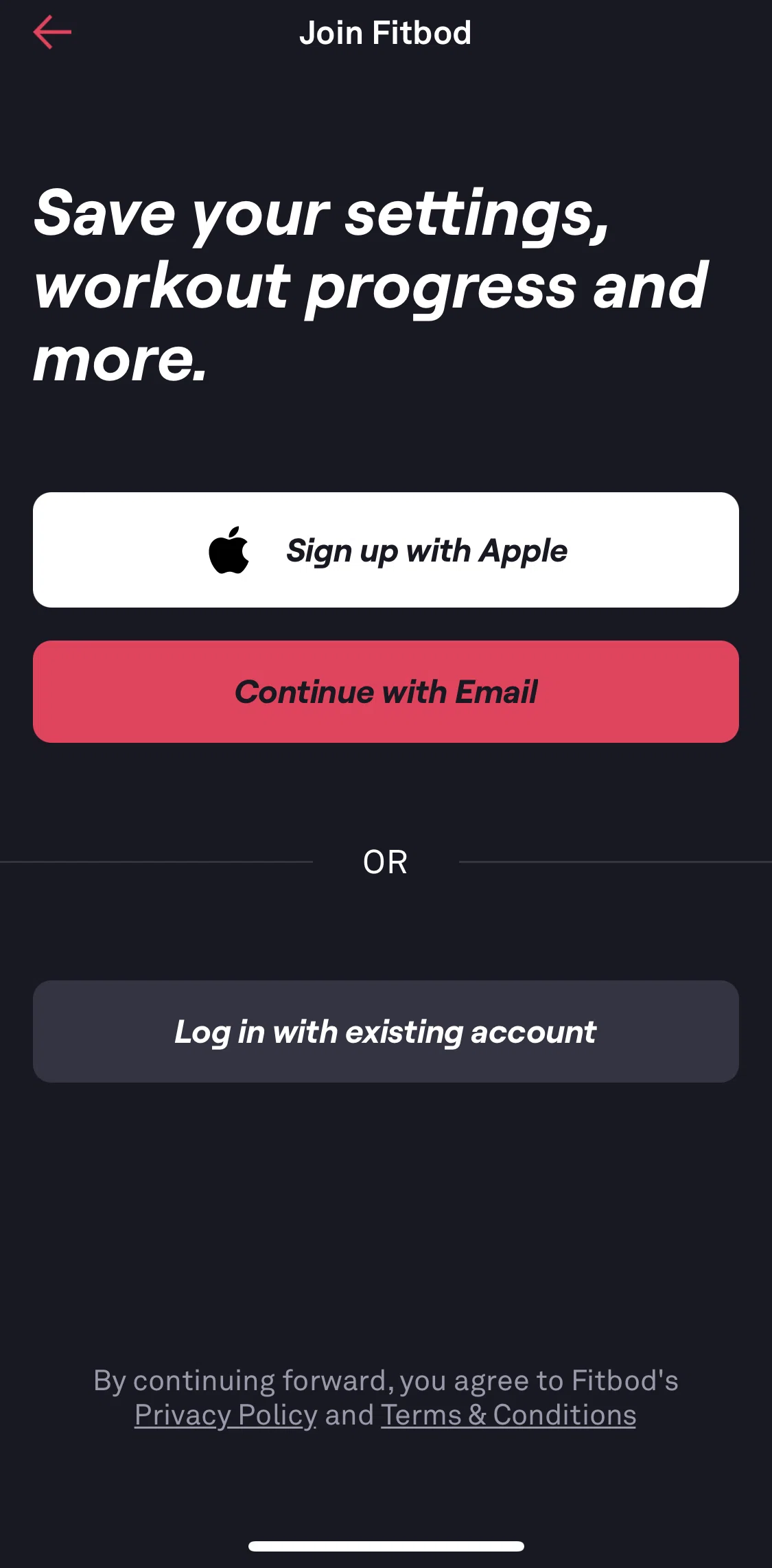 Fitbod Screen screen in the Creating an account flow