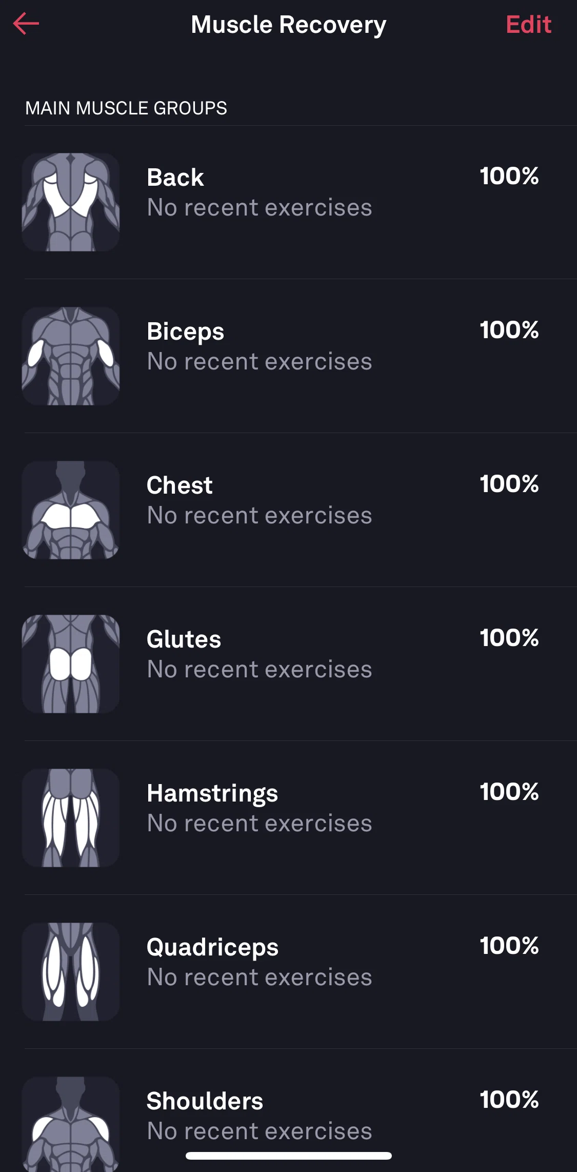 Fitbod Screen screen in the Editing muscle recovery flow