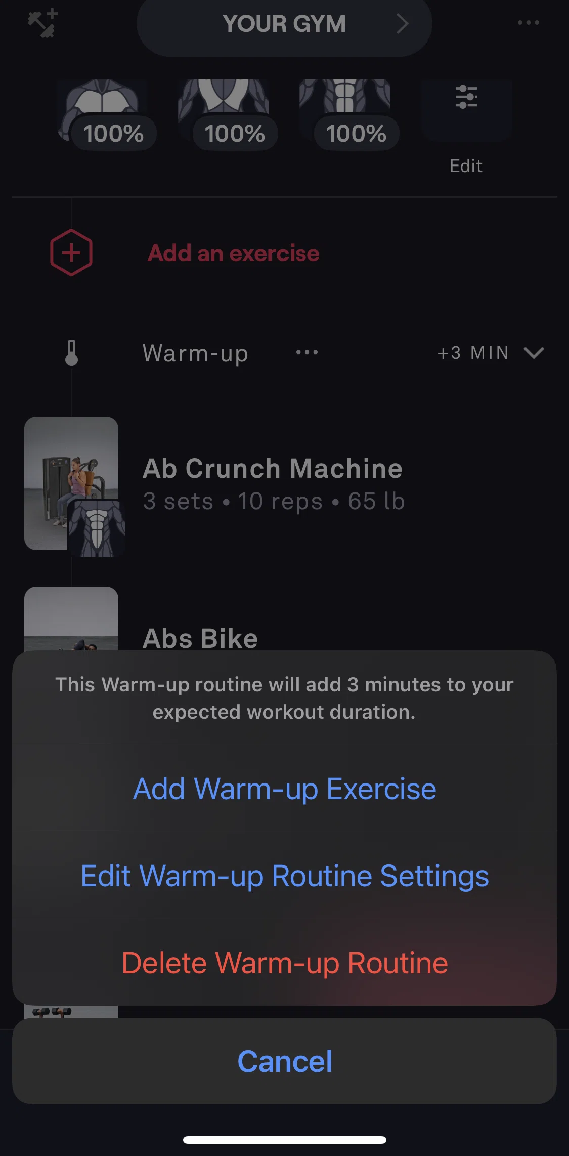 Fitbod Screen screen in the Editing warm-up routine flow