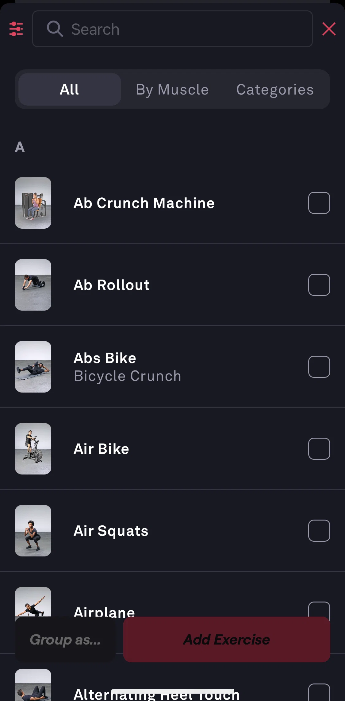 Fitbod Screen screen in the Exercises by target muscle flow