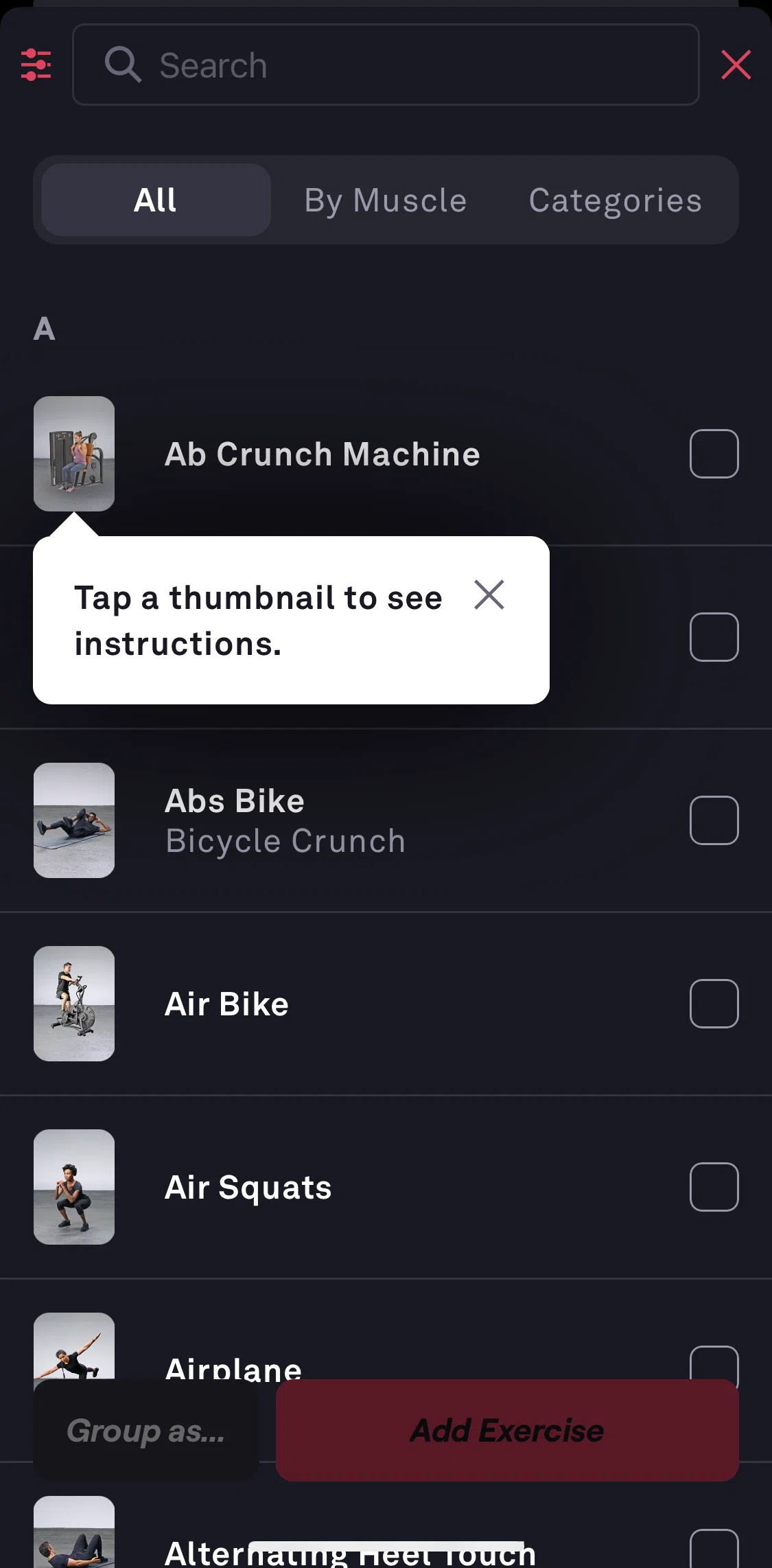 Fitbod Screen screen in the Filtering by available equipment flow