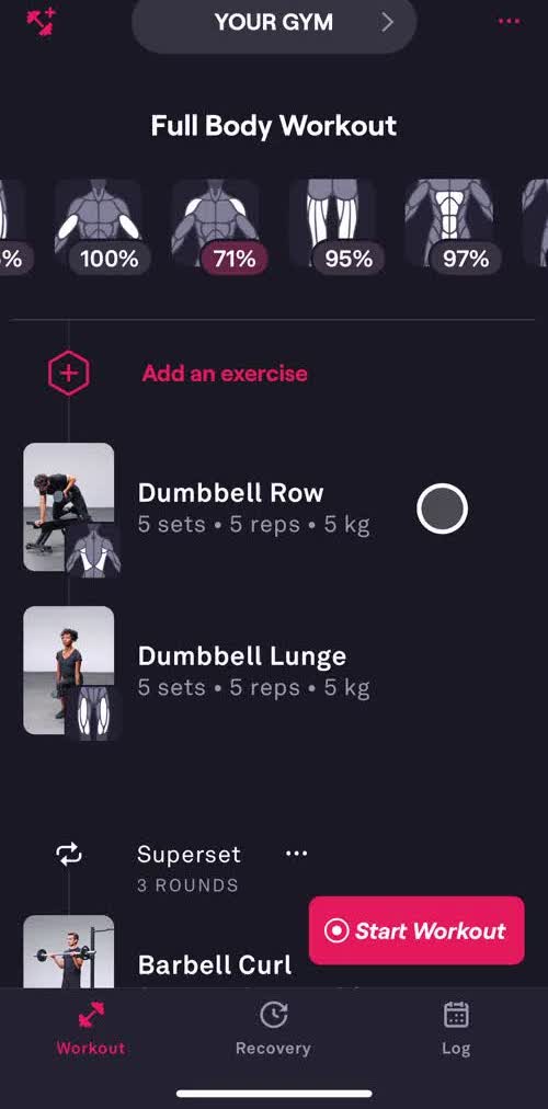 Fitbod Workout screen in the General Browsing flow