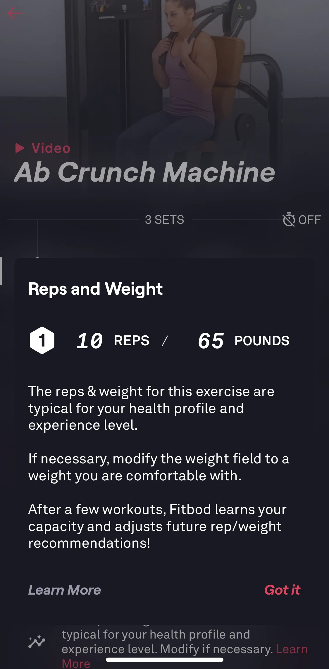 Fitbod Screen screen in the Learn more about reps and weights flow