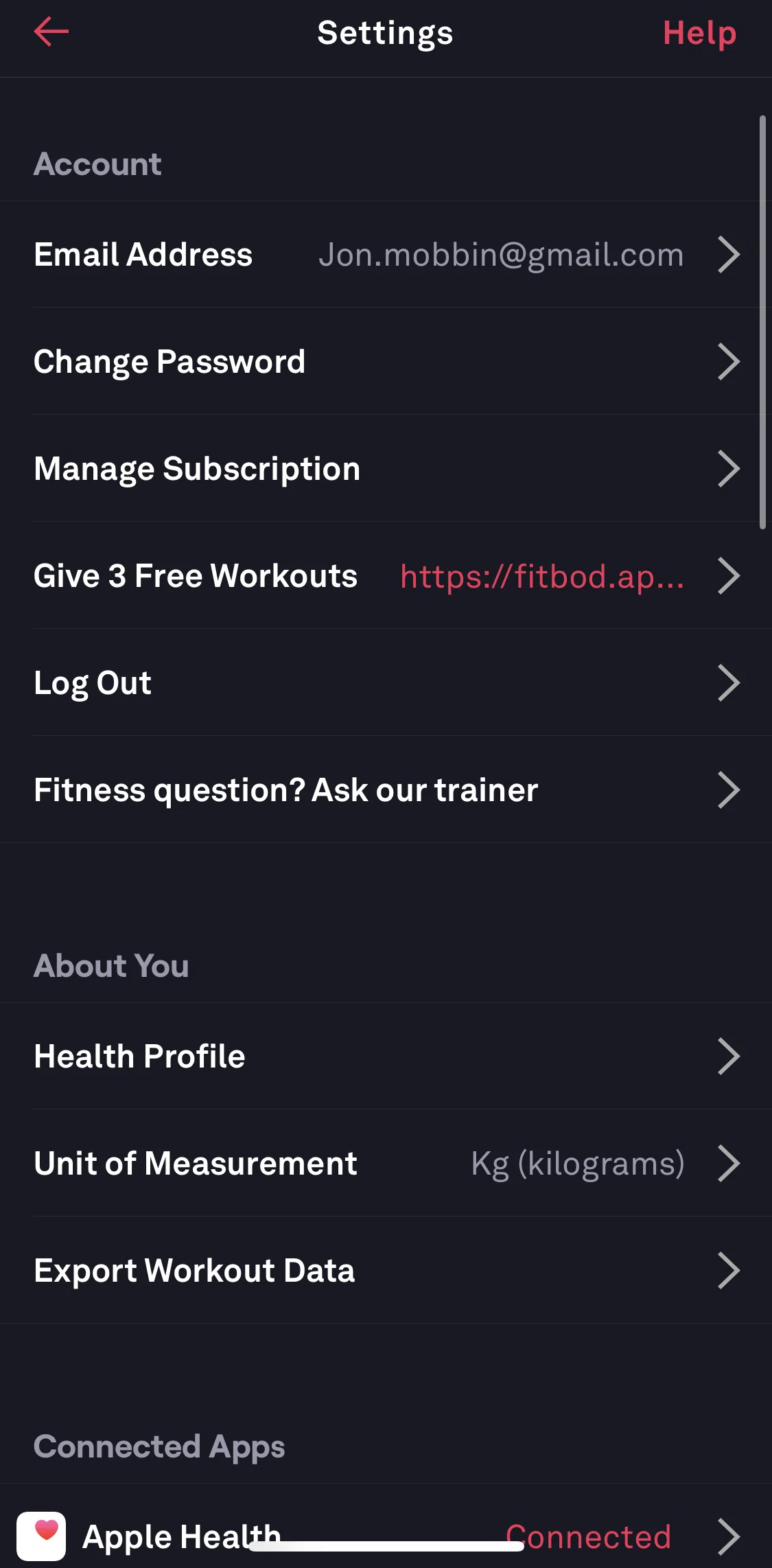 Fitbod Screen screen in the Logging out flow