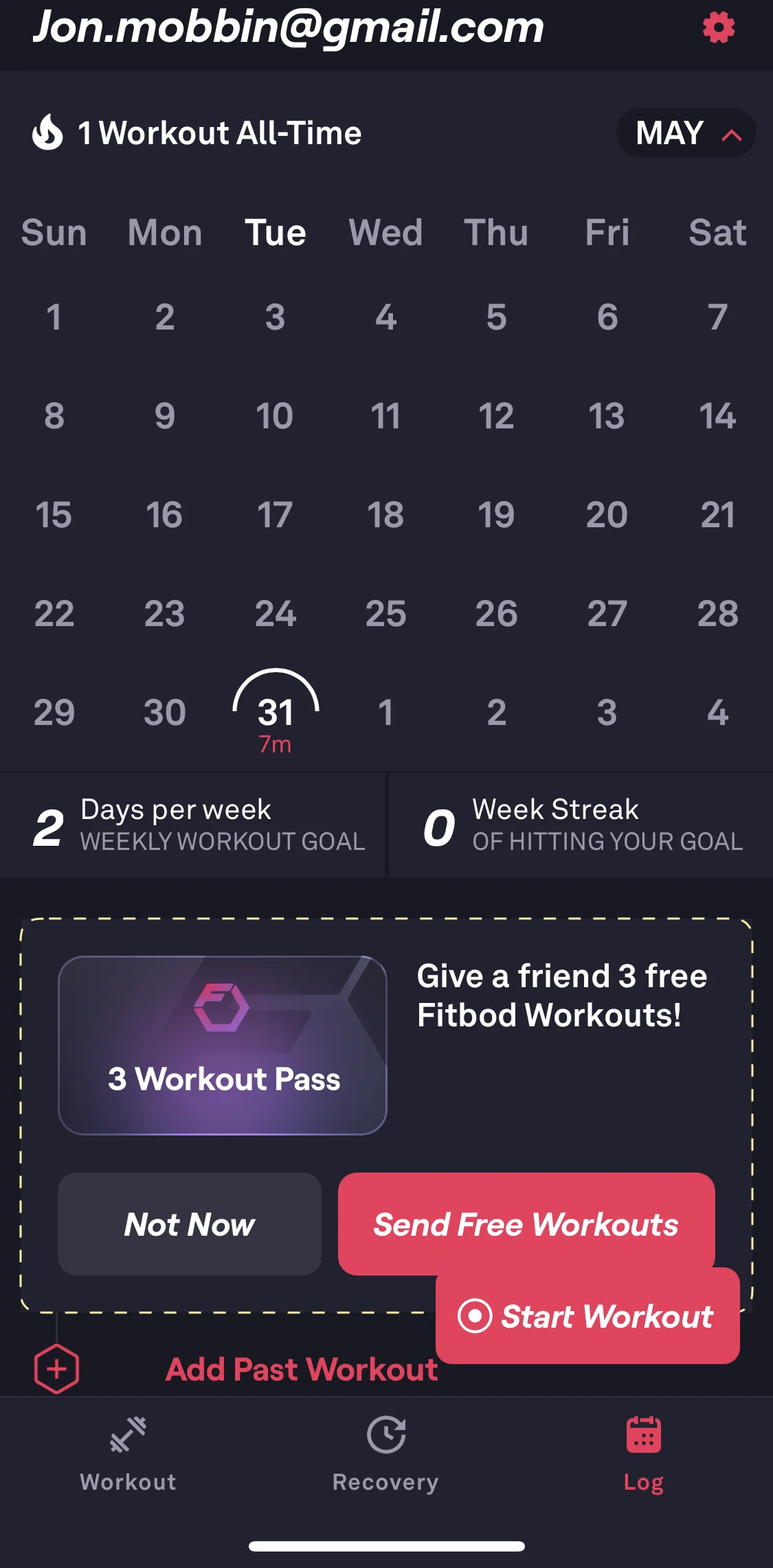 Fitbod Screen screen in the Setting weekly workout goal flow