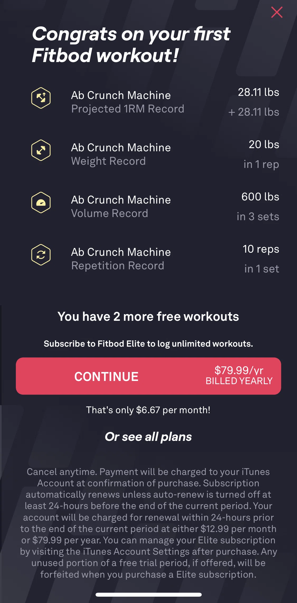 Fitbod Screen screen in the Subscribing to Fitbod Elite flow