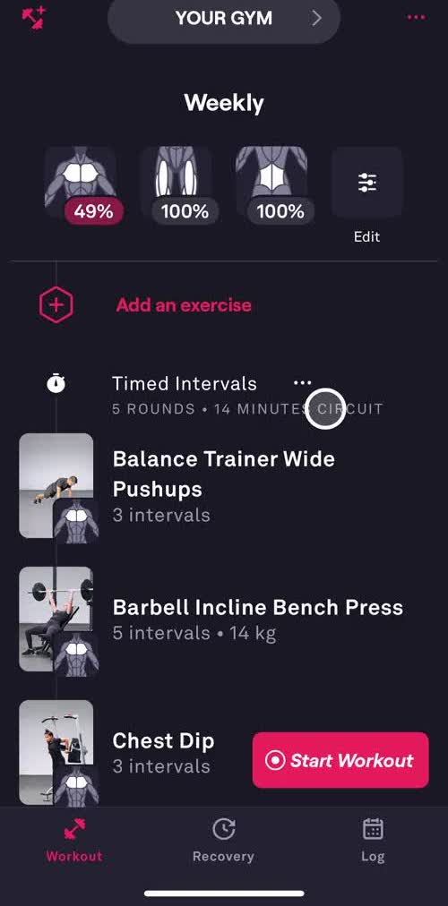 Fitbod Workout screen in the Tracking Activity flow