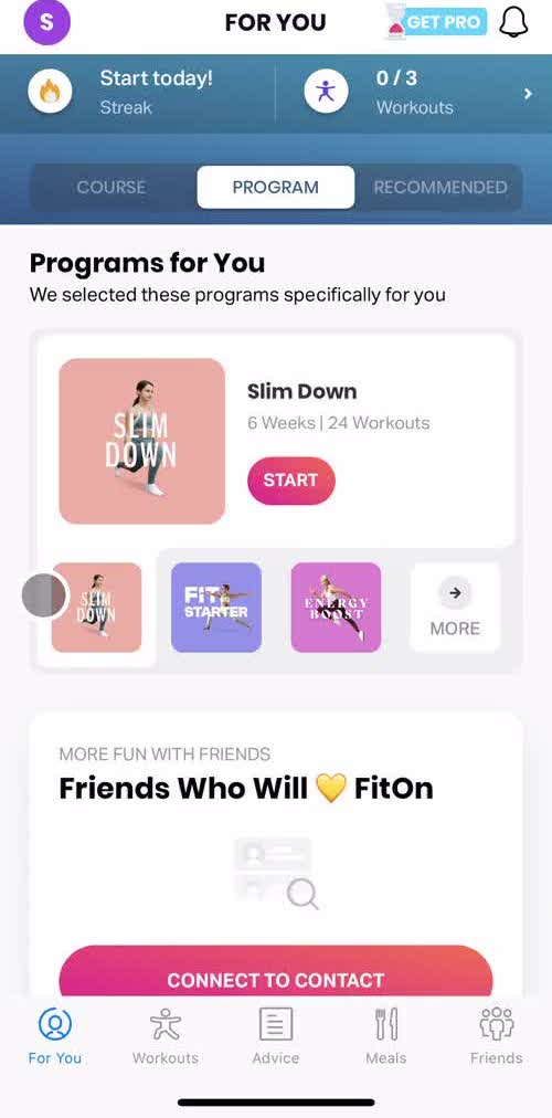 Fiton Home screen in the Adding A Friend flow